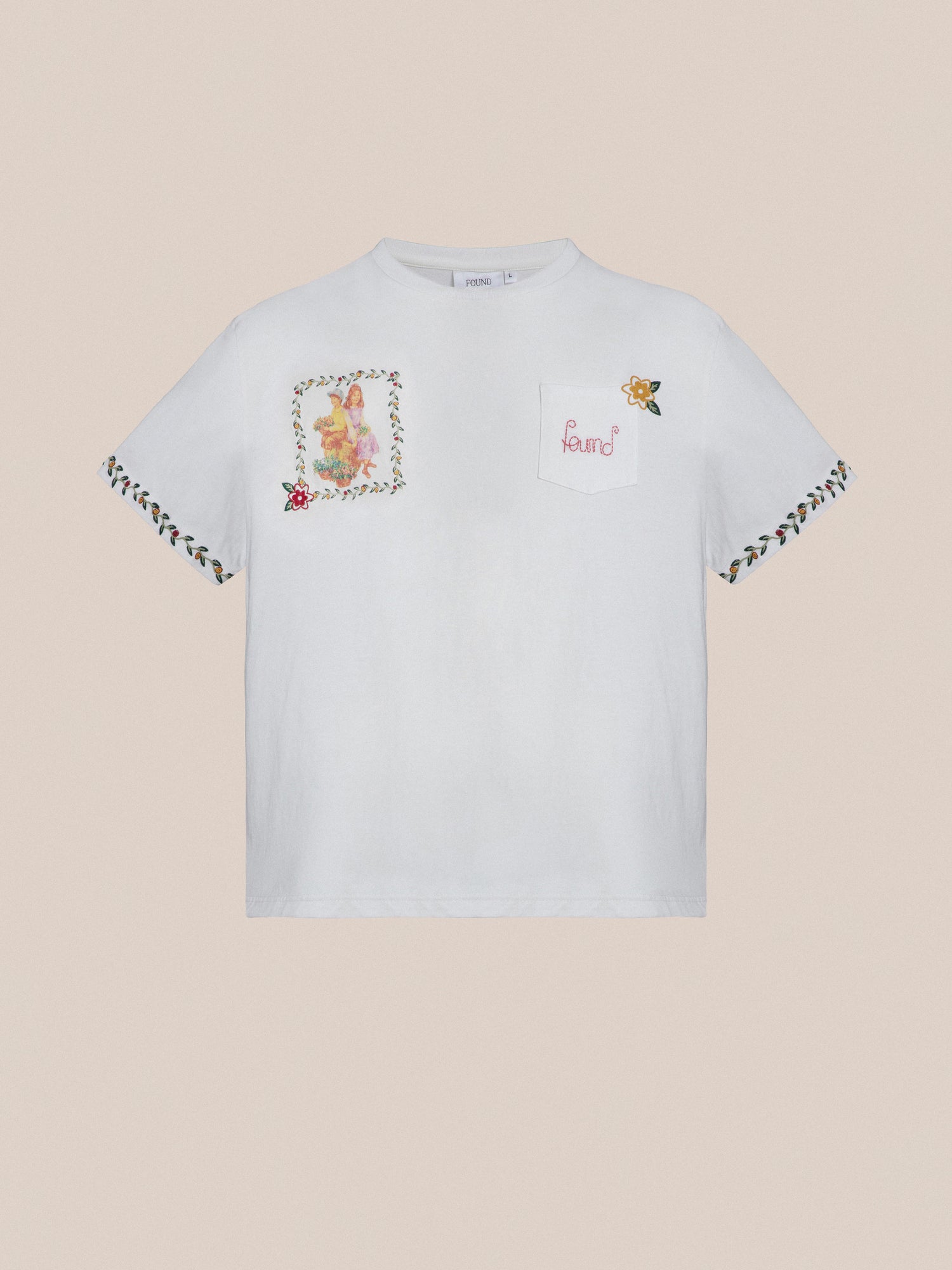 Embroidered cotton Flower Children Tee in white with floral Phulkari style embroideries - gallery image 1 by Found.