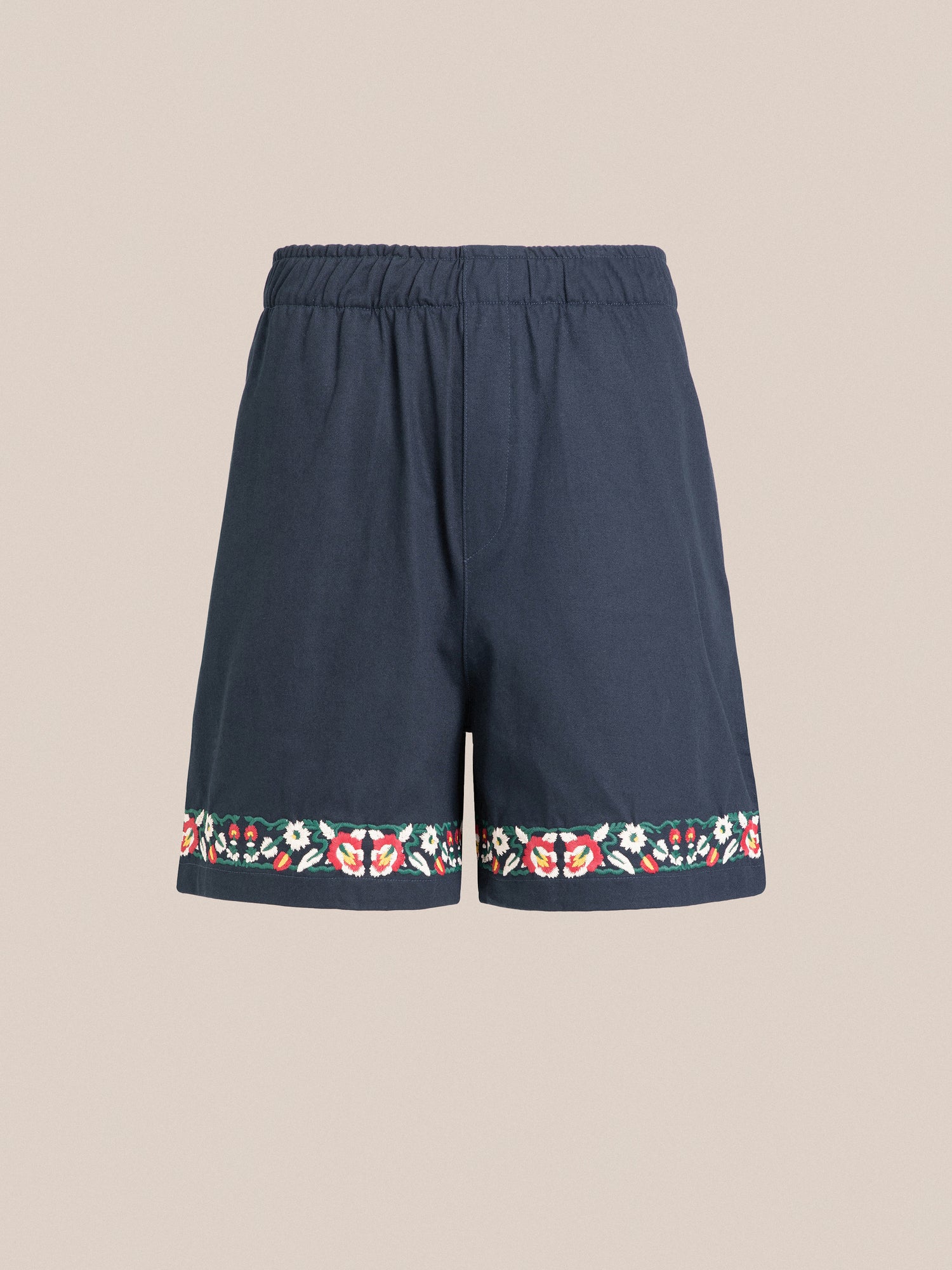 Horse Equine Twill Shorts with an elastic waistband and a floral print border at the hem, displayed against a neutral background by Found.