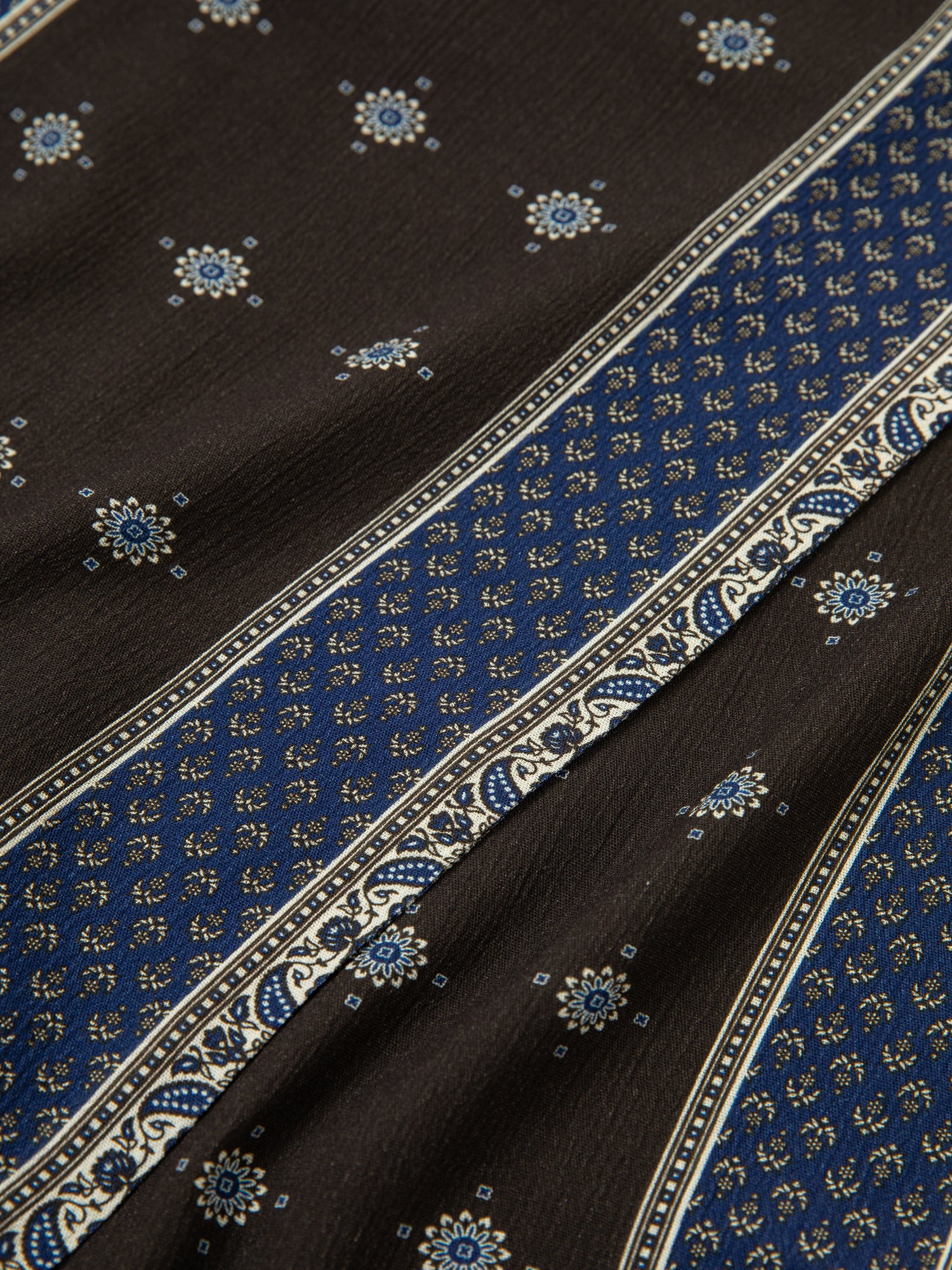 A close up of a Found Black Royal Blue Print Scarf fabric.