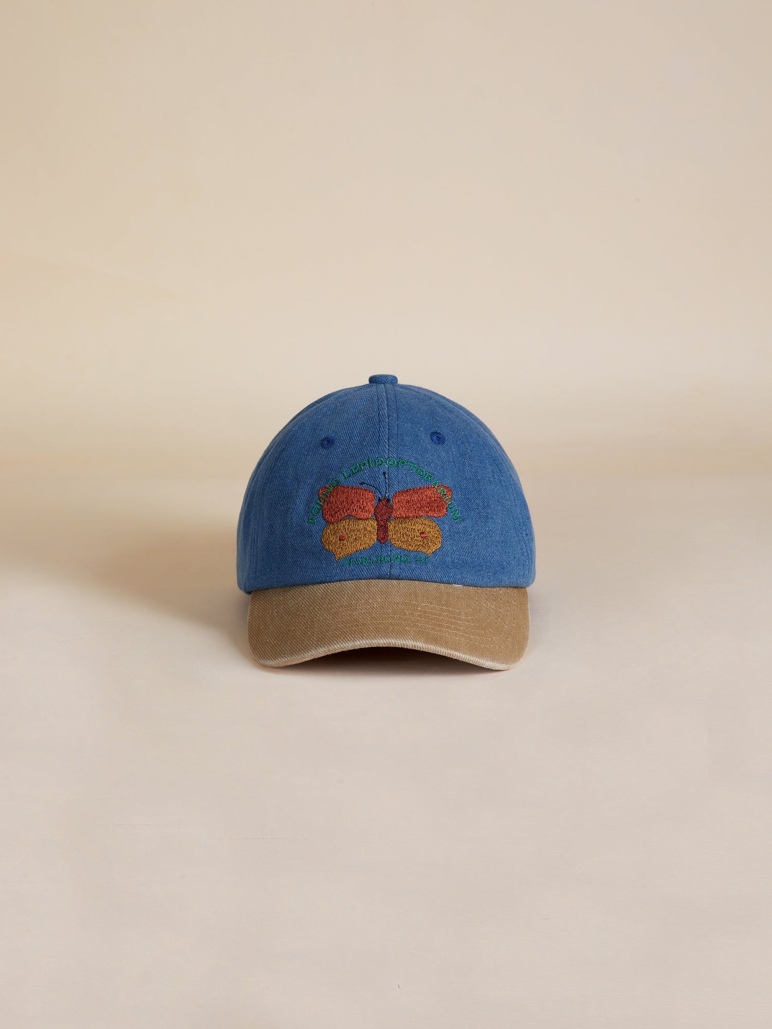 A Butterfly House Denim Cap with a butterfly embroidered on it, from Found.