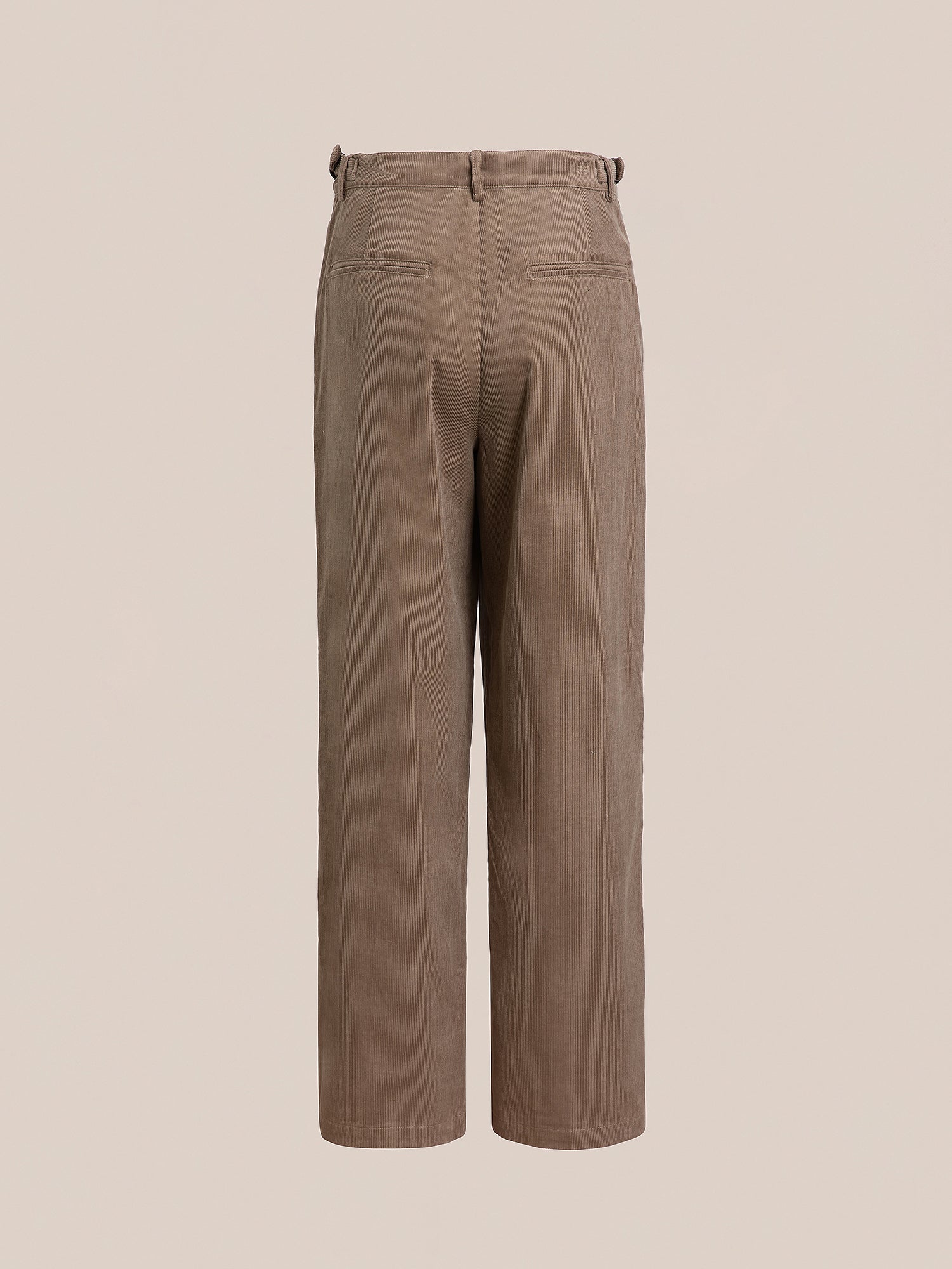 FOUND's Corduroy Pleated Trousers, featuring a high-rise waist and shown from the back against a plain background in brown corduroy.