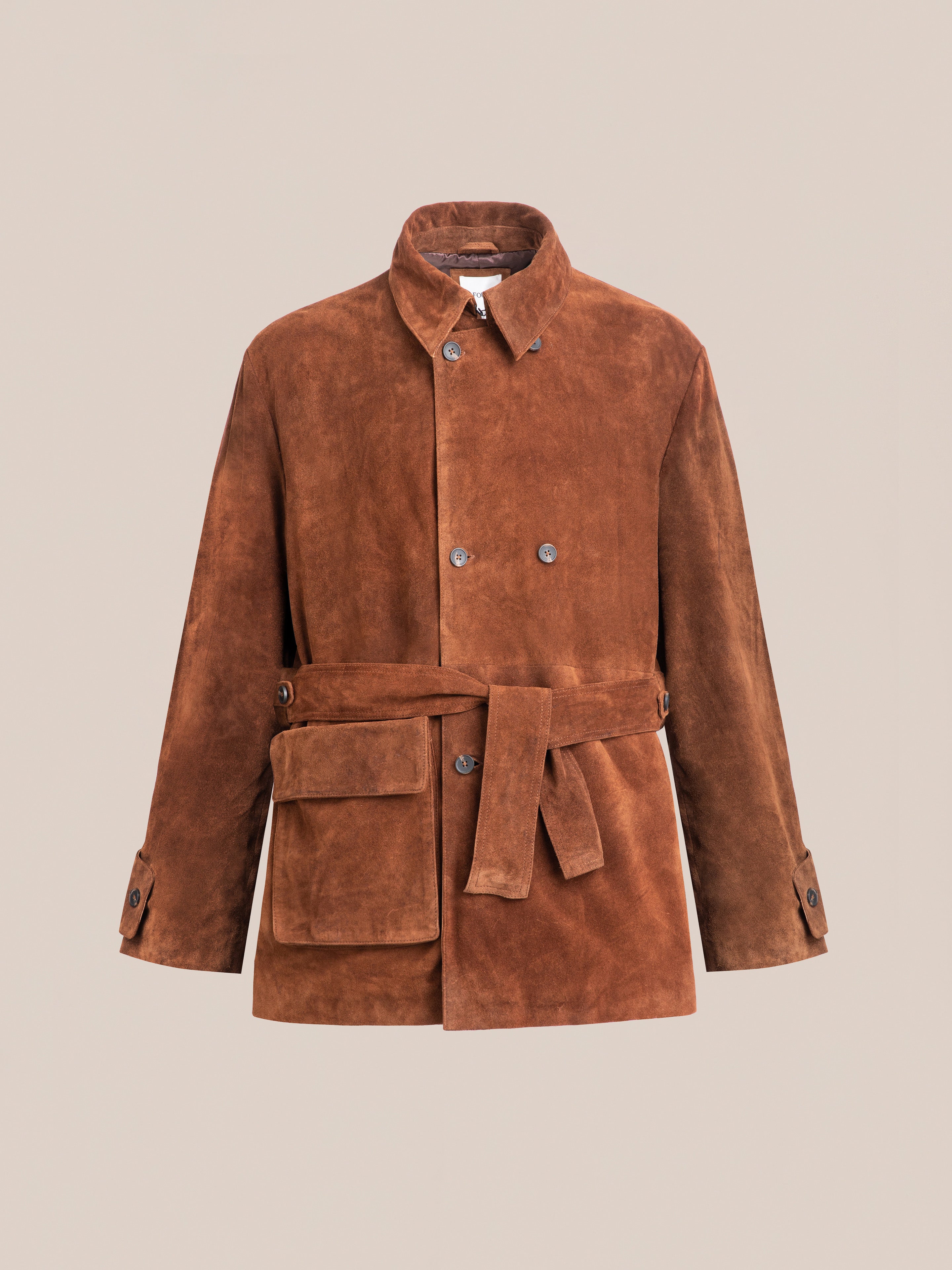 FOUND's Double Breasted Suede Leather Jacket, crafted from ethically sourced brown cow suede, features a belted waist and large front pocket.