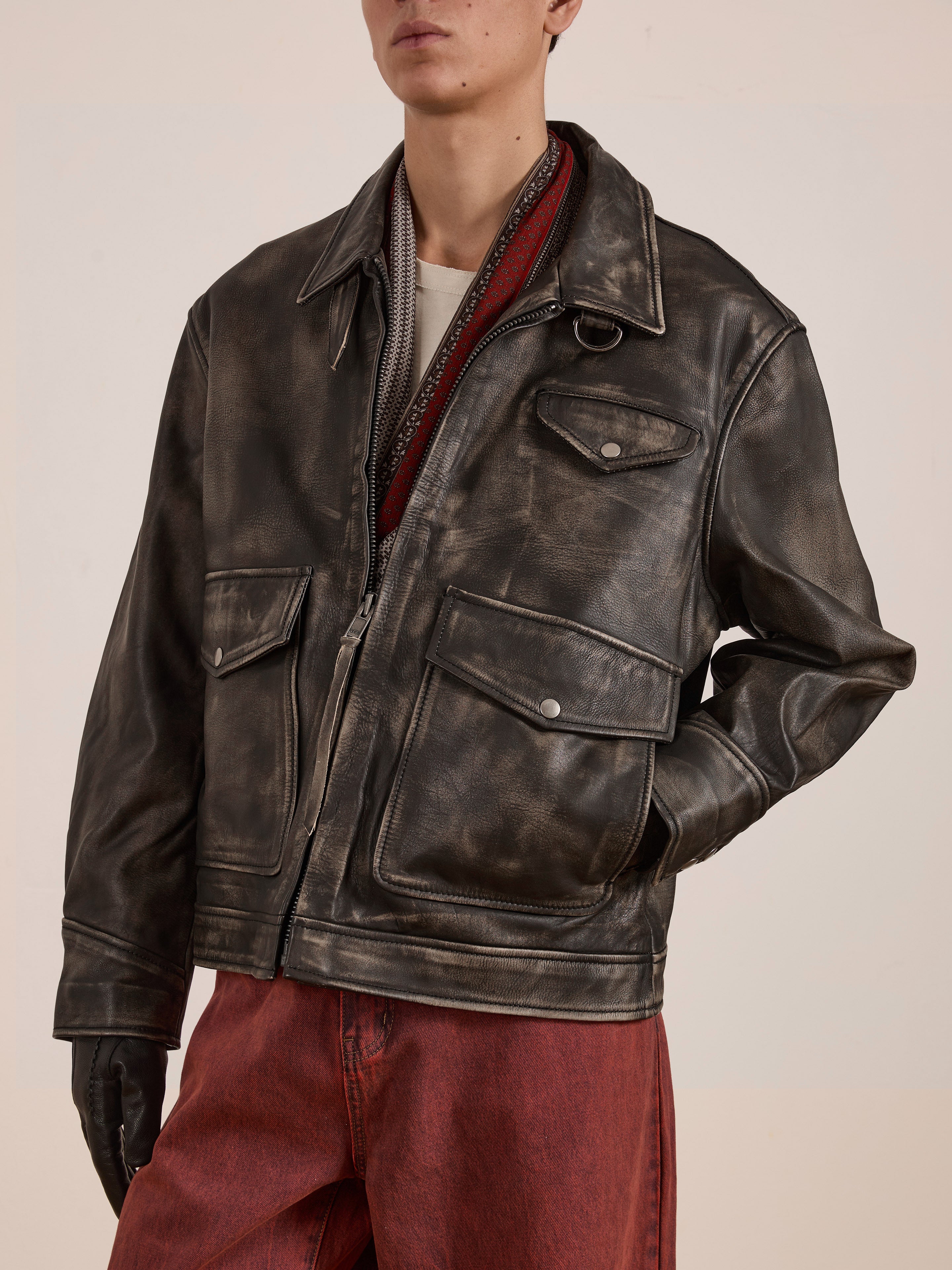 Distressed Leather Pocket Jacket