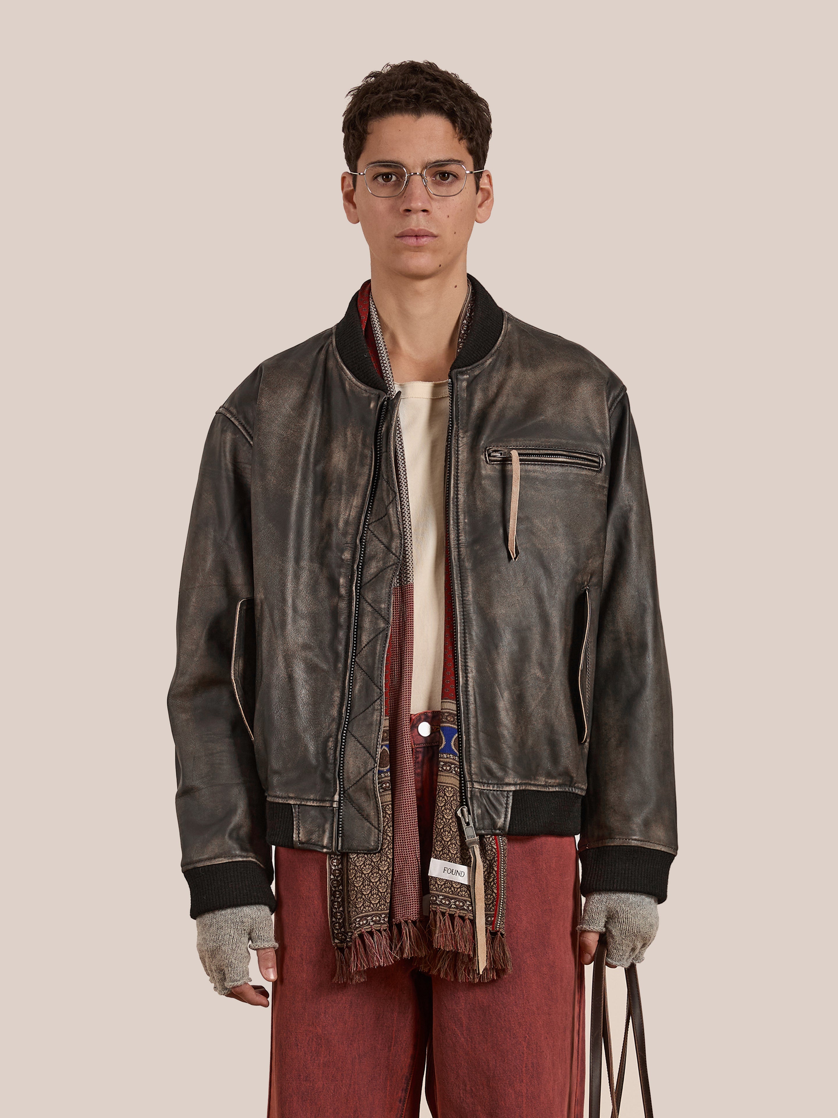 Distressed Pavement Leather Bomber Jacket