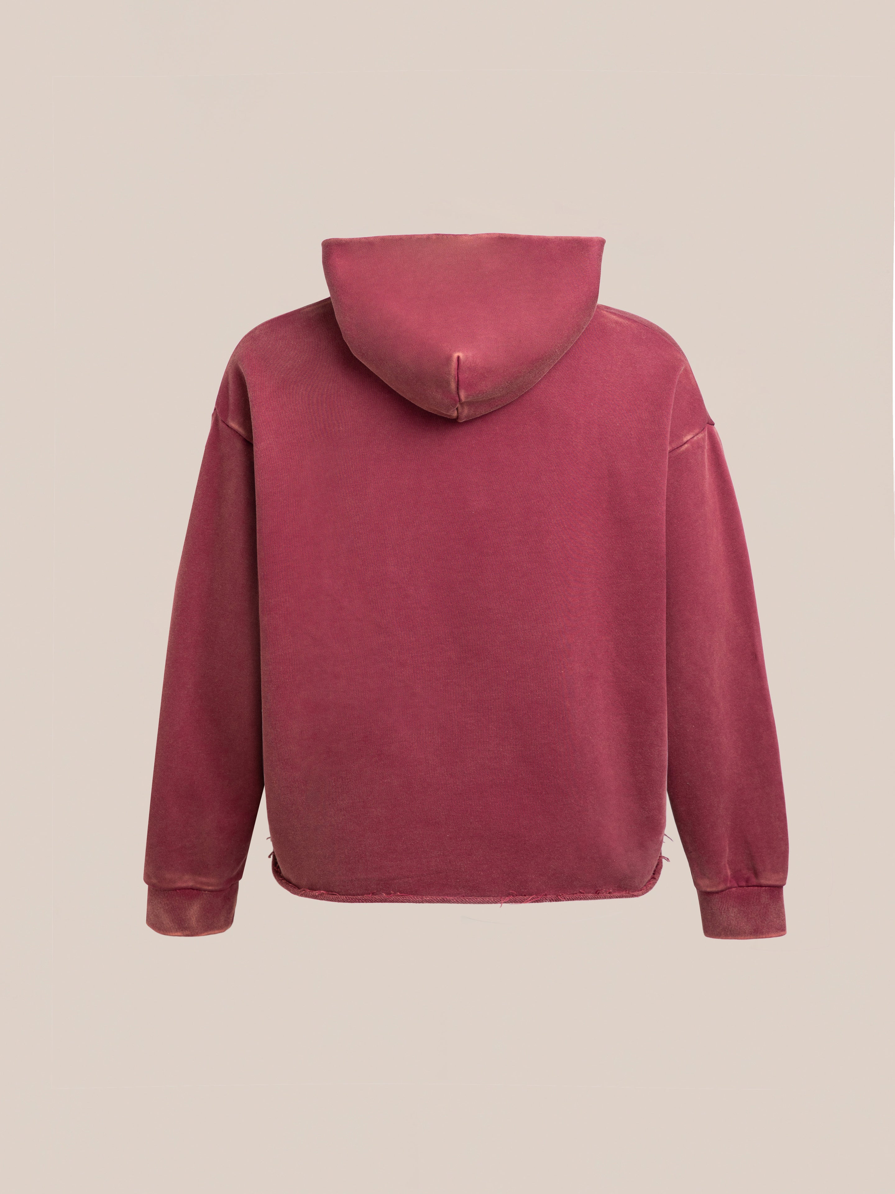 The back view of the FOUND Embroidered Wildlife Hoodie, in faded red with wildlife embroidery, is displayed on a plain background, highlighting its unisex relaxed fit.