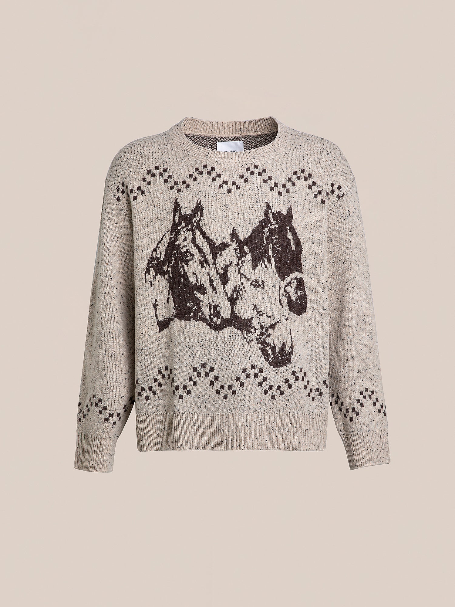 Speckled Knit Horse Sweater by FOUND, crafted from a beige wool blend, showcases a distinctive jacquard design with two horse heads and geometric patterns.