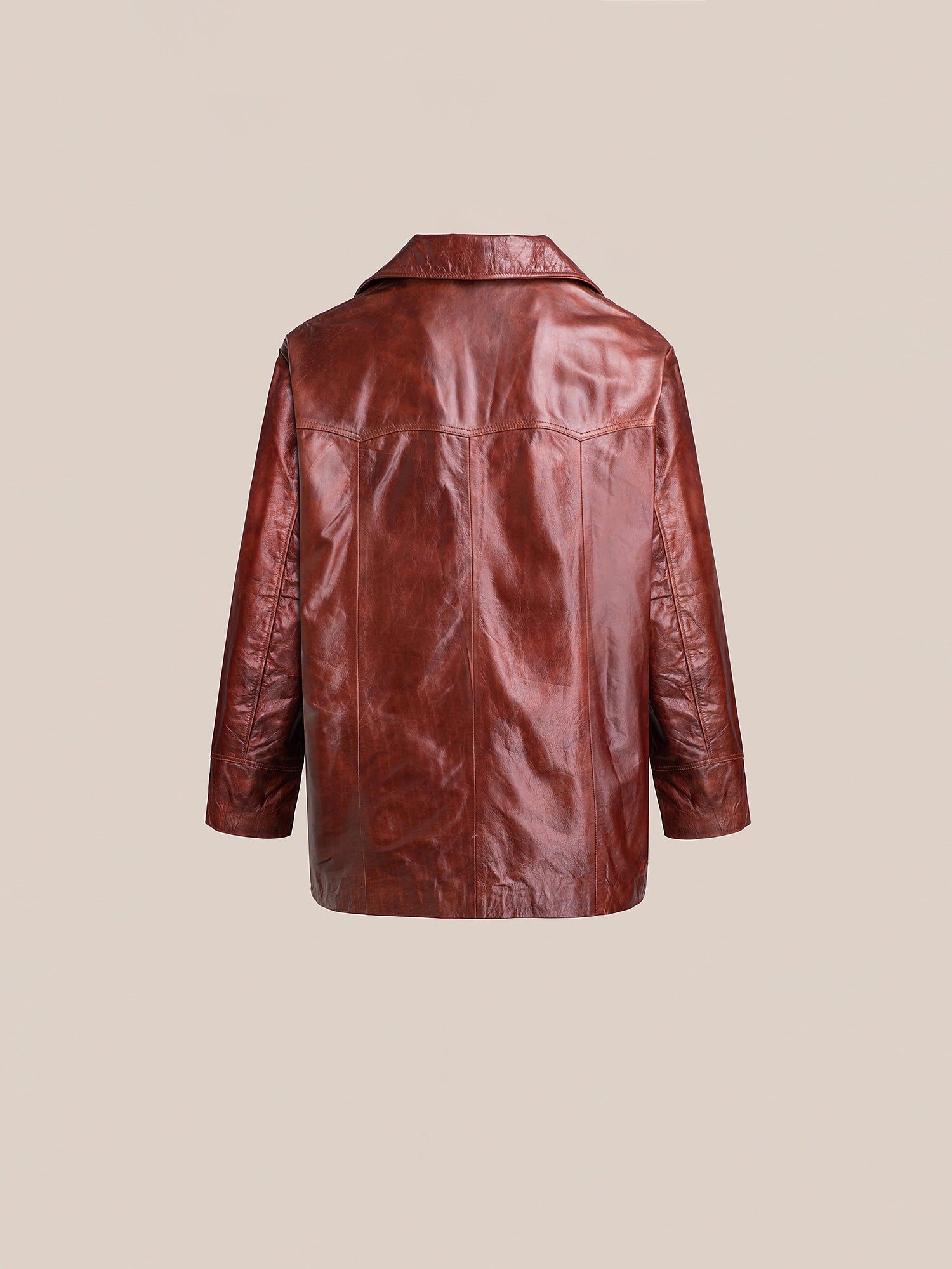 Back view of the Claret Western Leather Blazer by FOUND, crafted from lightweight cowhide with a collar and long sleeves. It boasts a smooth, shiny texture and is ethically made with attention to detail.