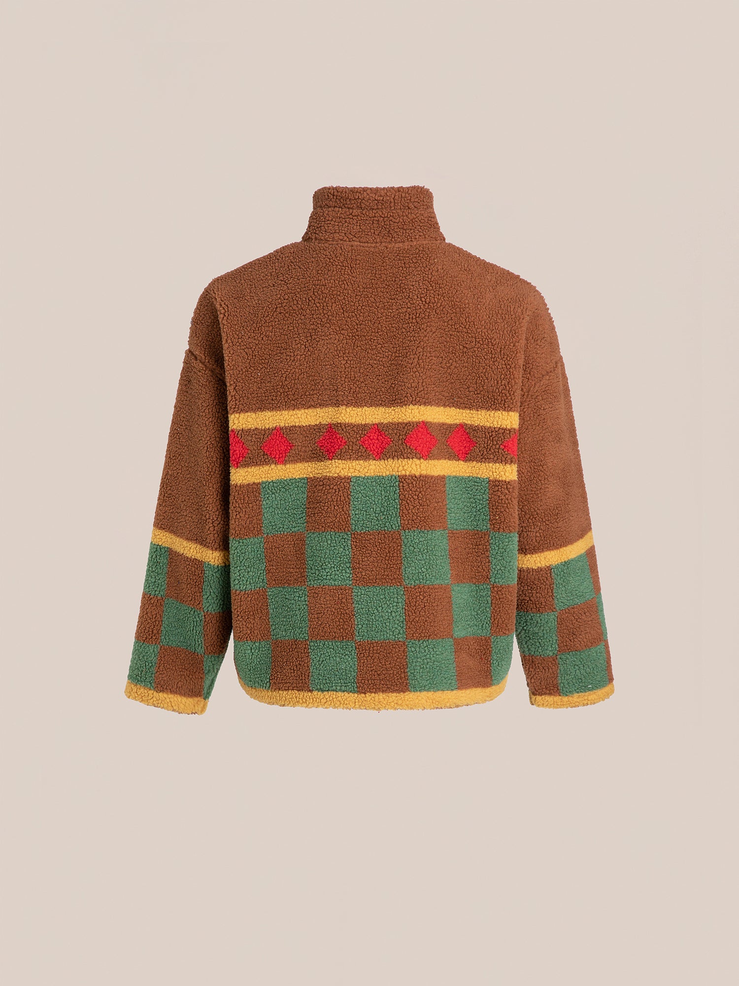 FOUND's Checkered Zip-Up Sherpa features a distinctive brown, green, and yellow checkered design with a striking red diamond pattern on the back, all showcased against a beige background.