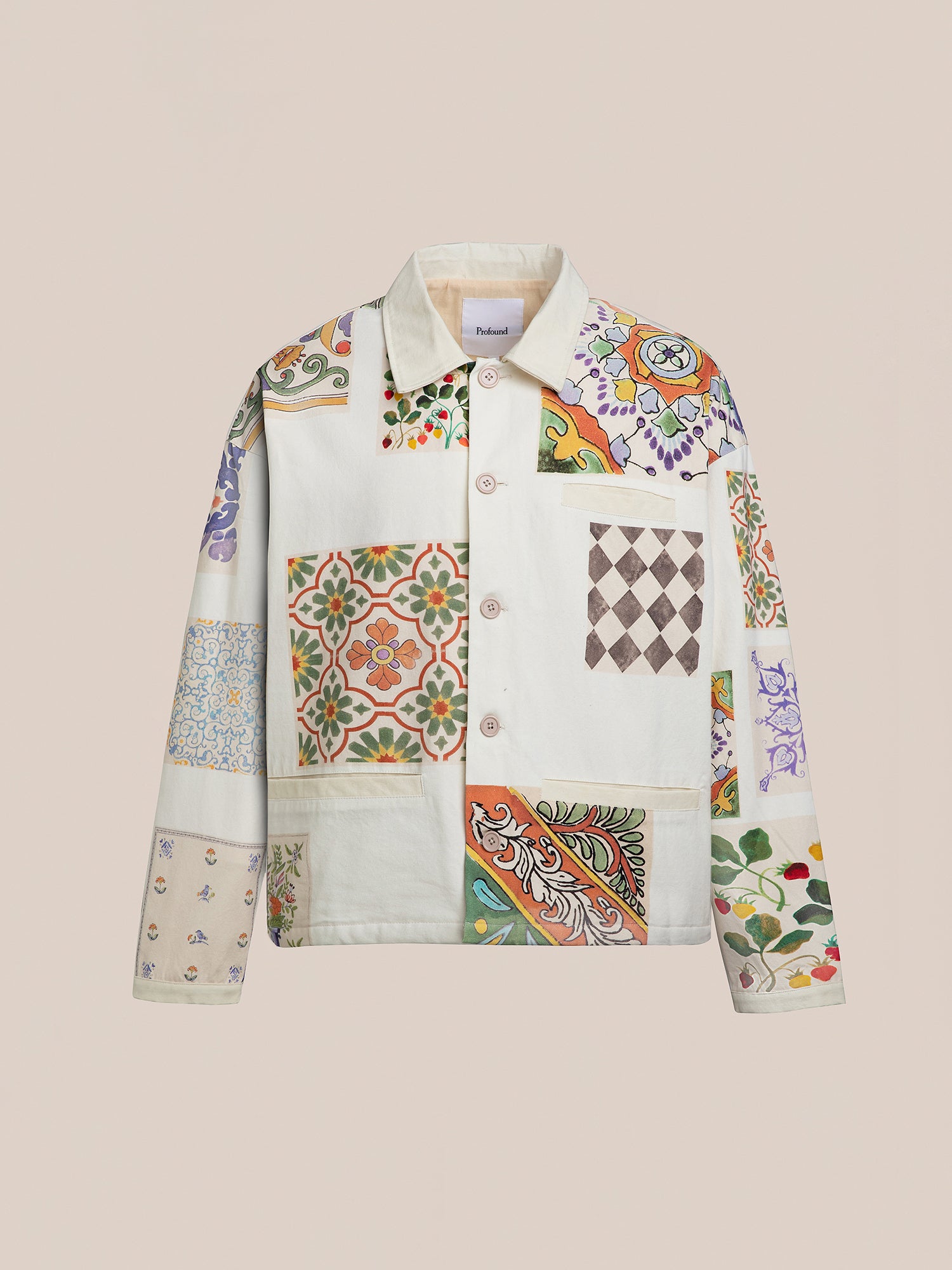 Mosaic Work Jacket by FOUND featuring a variety of colorful patterns on a neutral background, not included in sale promotions.