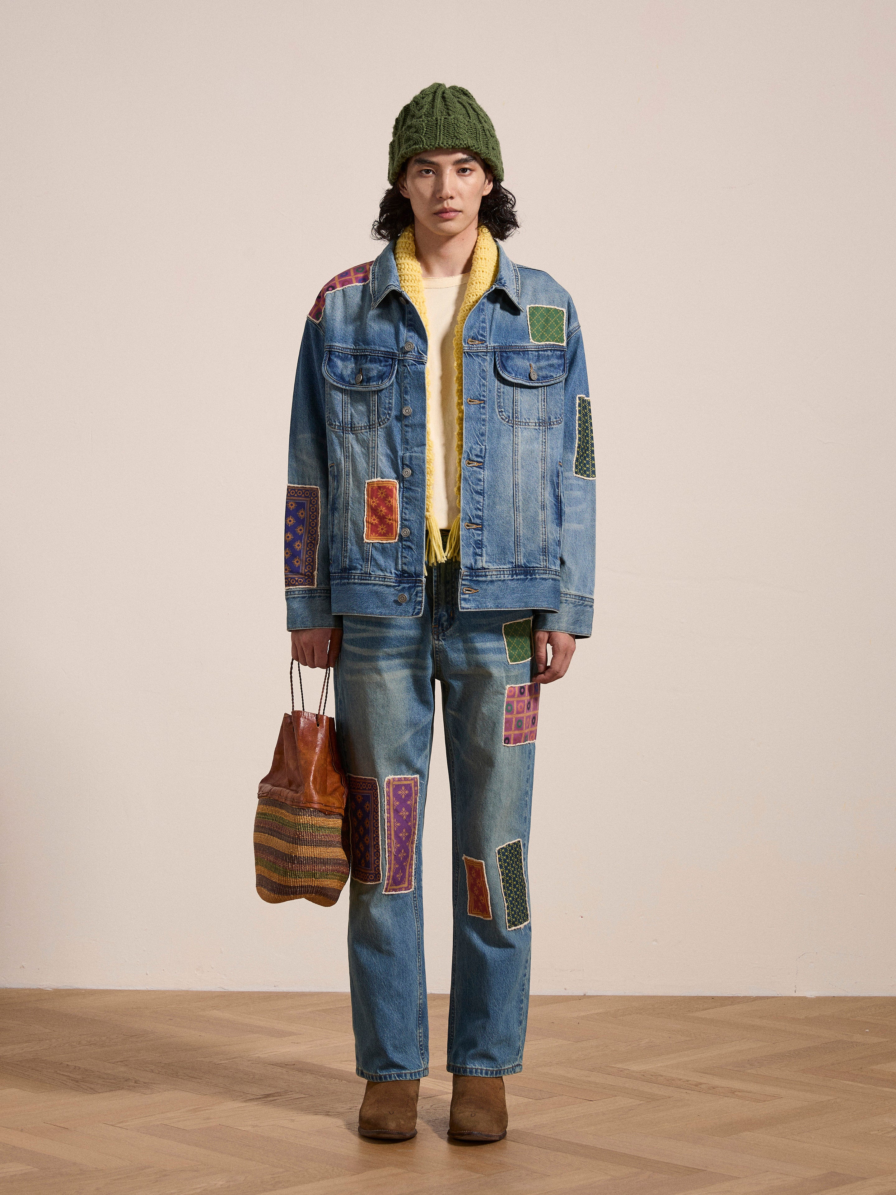 Found Kantha Patchwork Denim Trucker Jacket Blue