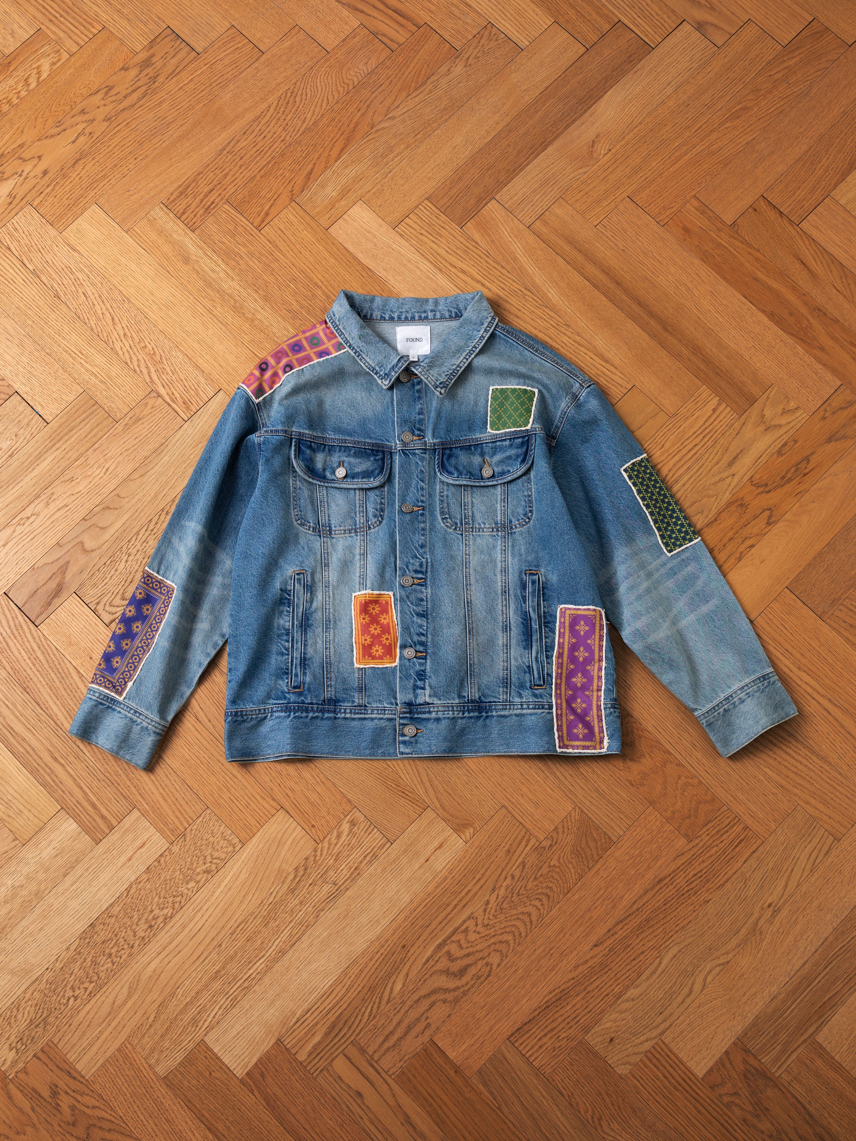 Found Kantha Patchwork Denim Trucker Jacket Blue