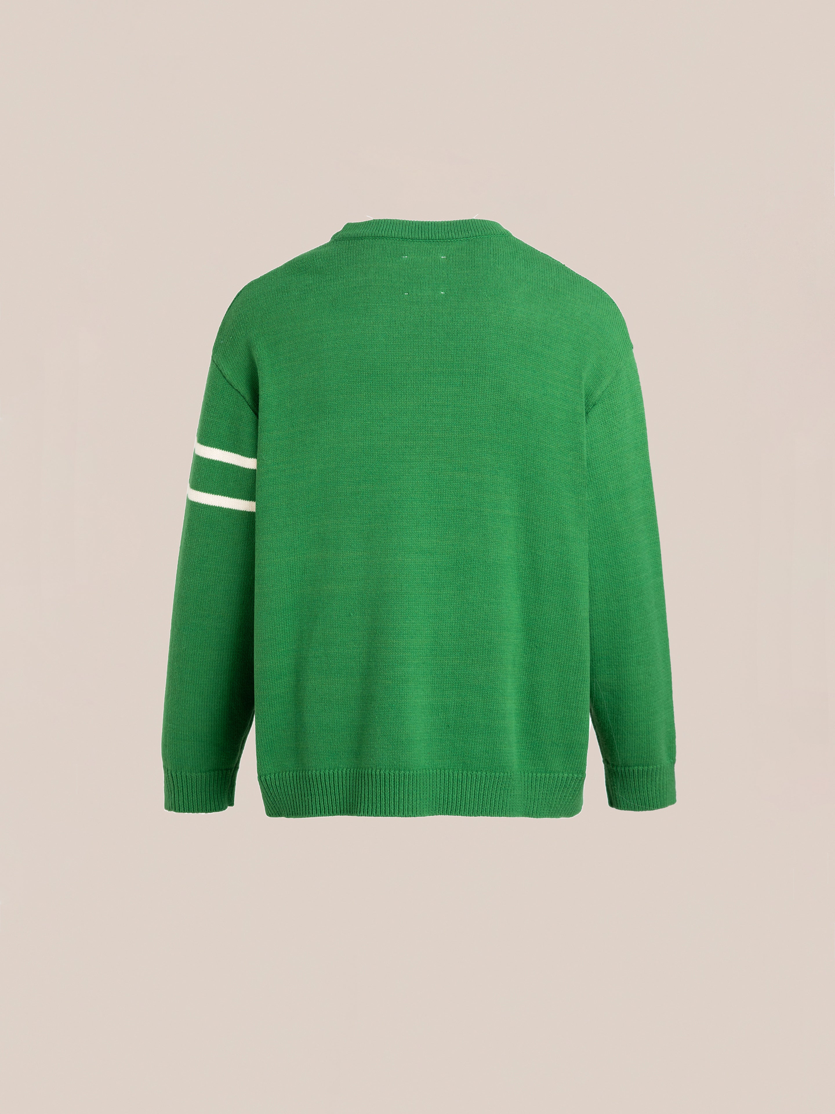 The FOUND Pineneedle Varsity Knit Cardigan is a green sweater with a round neckline and white double stripe detail on one sleeve, displayed against a neutral background. Made from 100% cotton knit, it offers a vintage look that's both cozy and stylish.