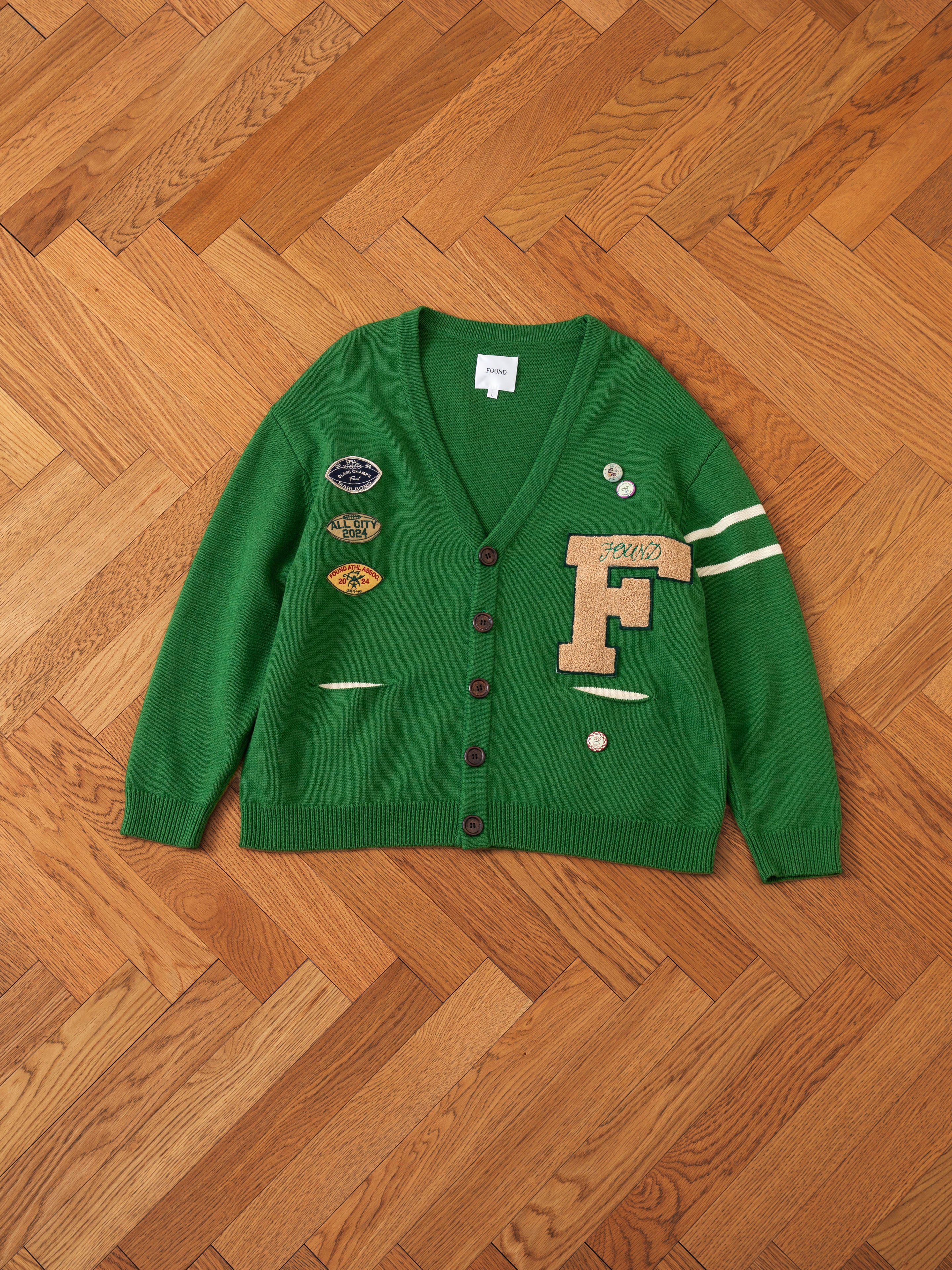 Vintage 80s High School Varsity Patch Work Knitted good Wool Green Cardigan