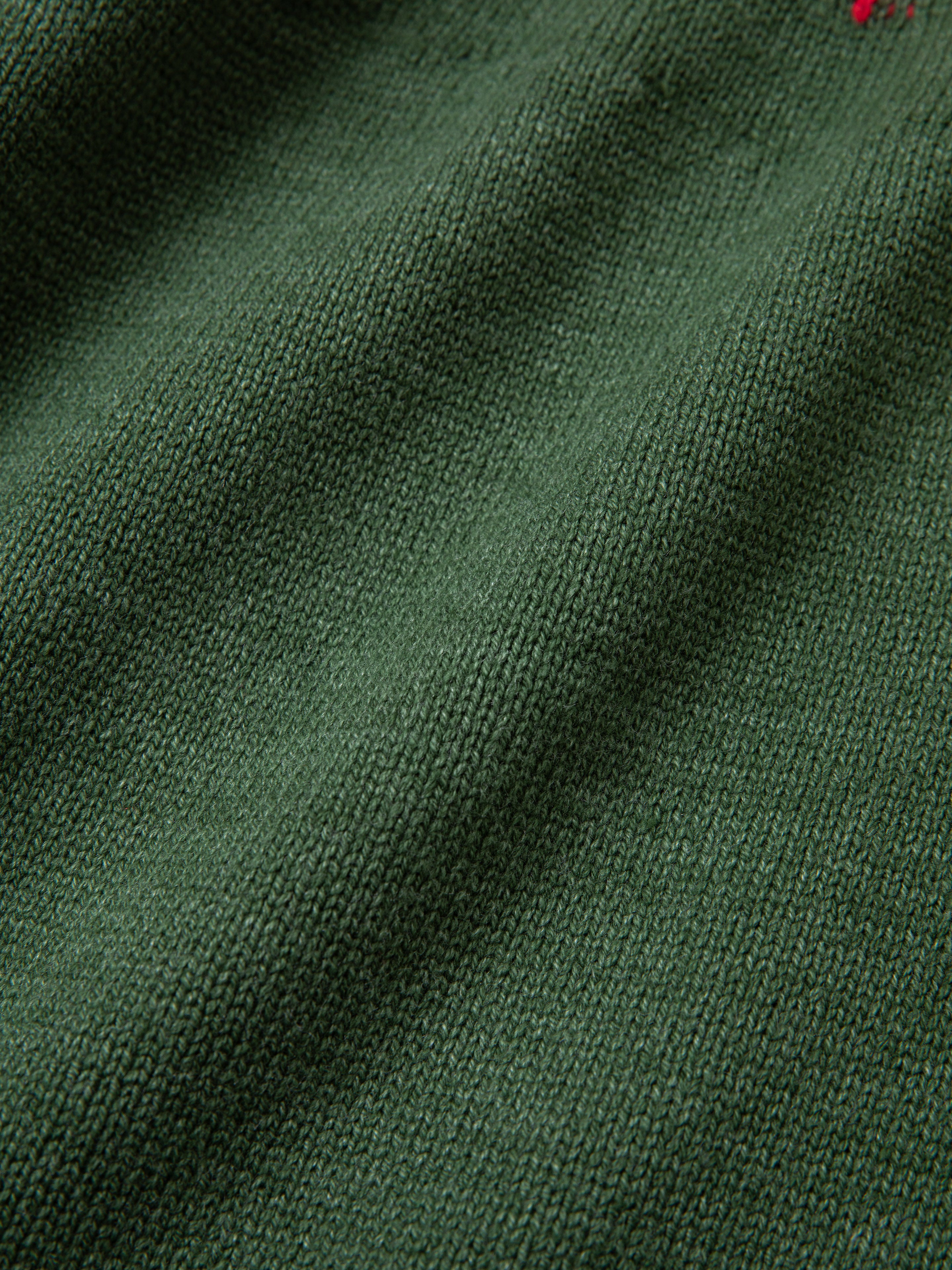 Close-up view of the green Jahan Isles Knit Cardigan by FOUND, featuring a slightly textured surface and adorned with antique silver buttons.