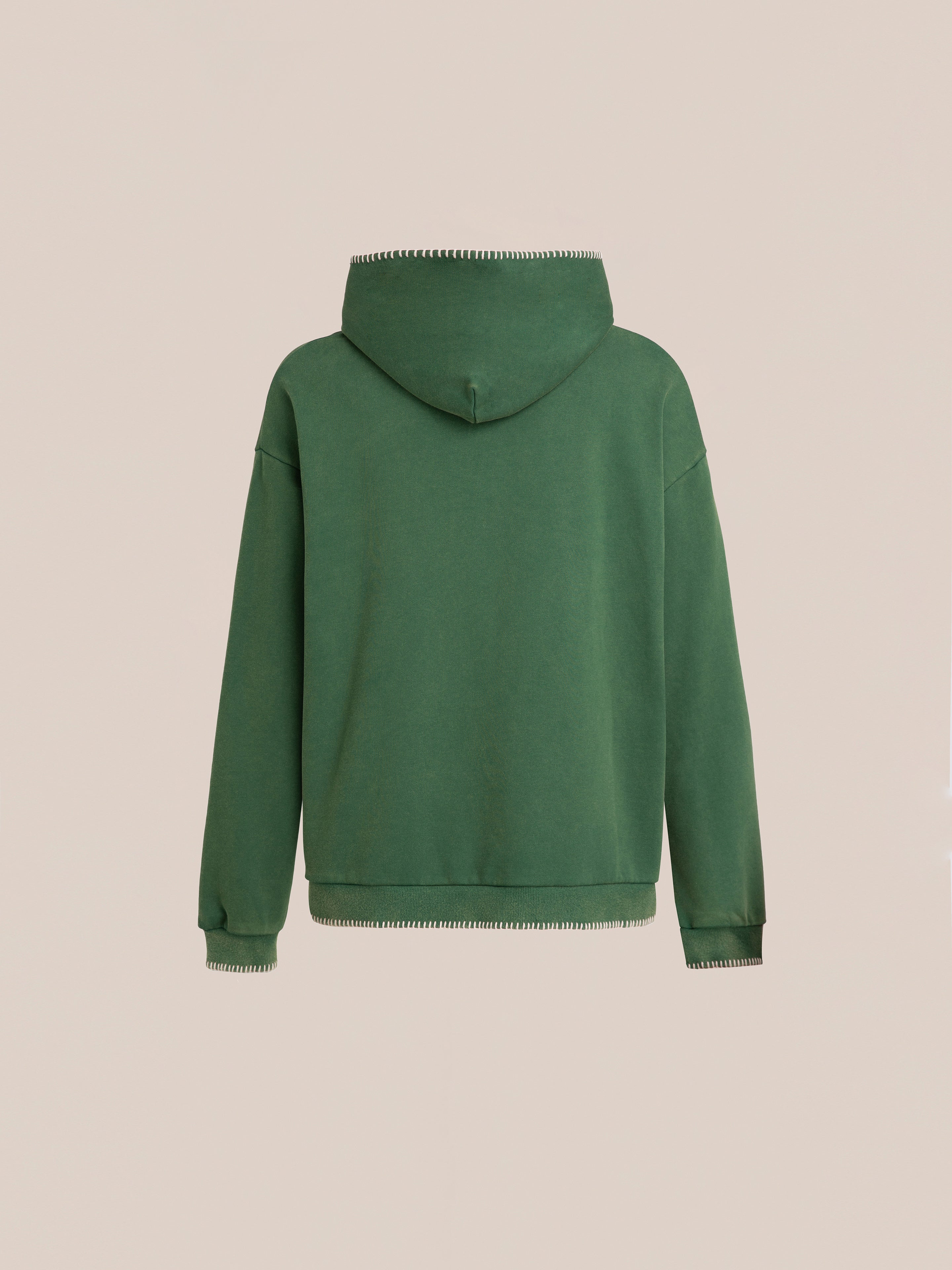 The Stitched Border Distressed Logo Hoodie by FOUND, viewed from the back, showcases a plain green design with ribbed cuffs, a ribbed hem, and an oversized hood for a vintage feel.