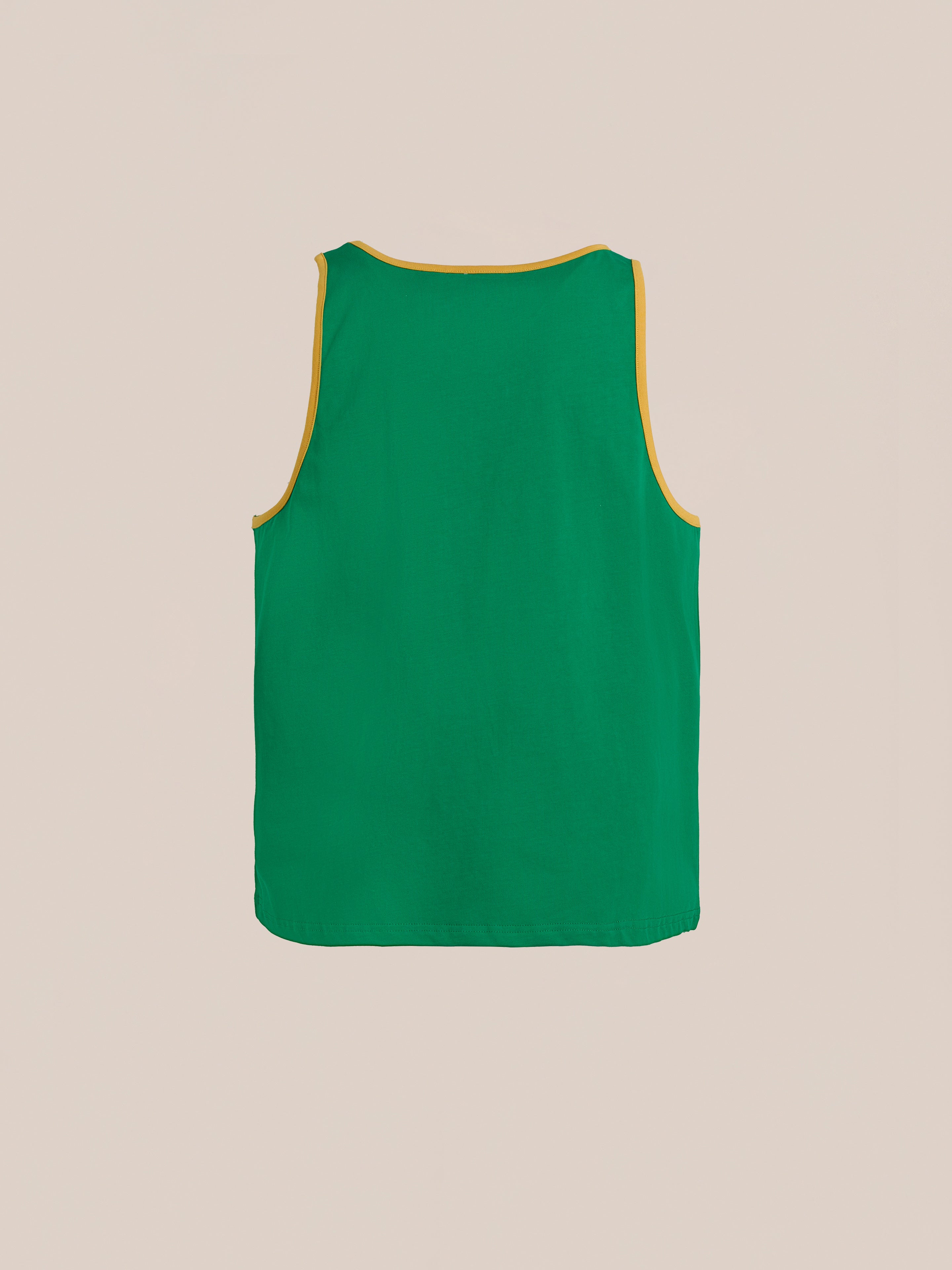 The FOUND "Farm Tank" is a green sleeveless shirt with yellow trim, made from breathable cotton and displayed on a plain beige background.