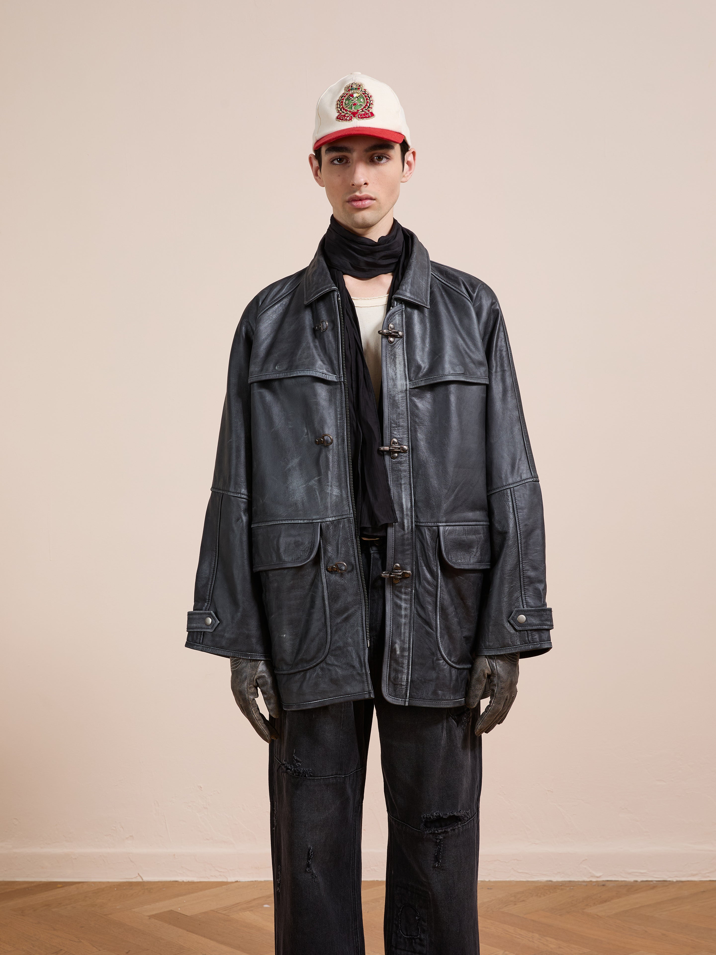 Distressed Leather Fireman Clasp Jacket