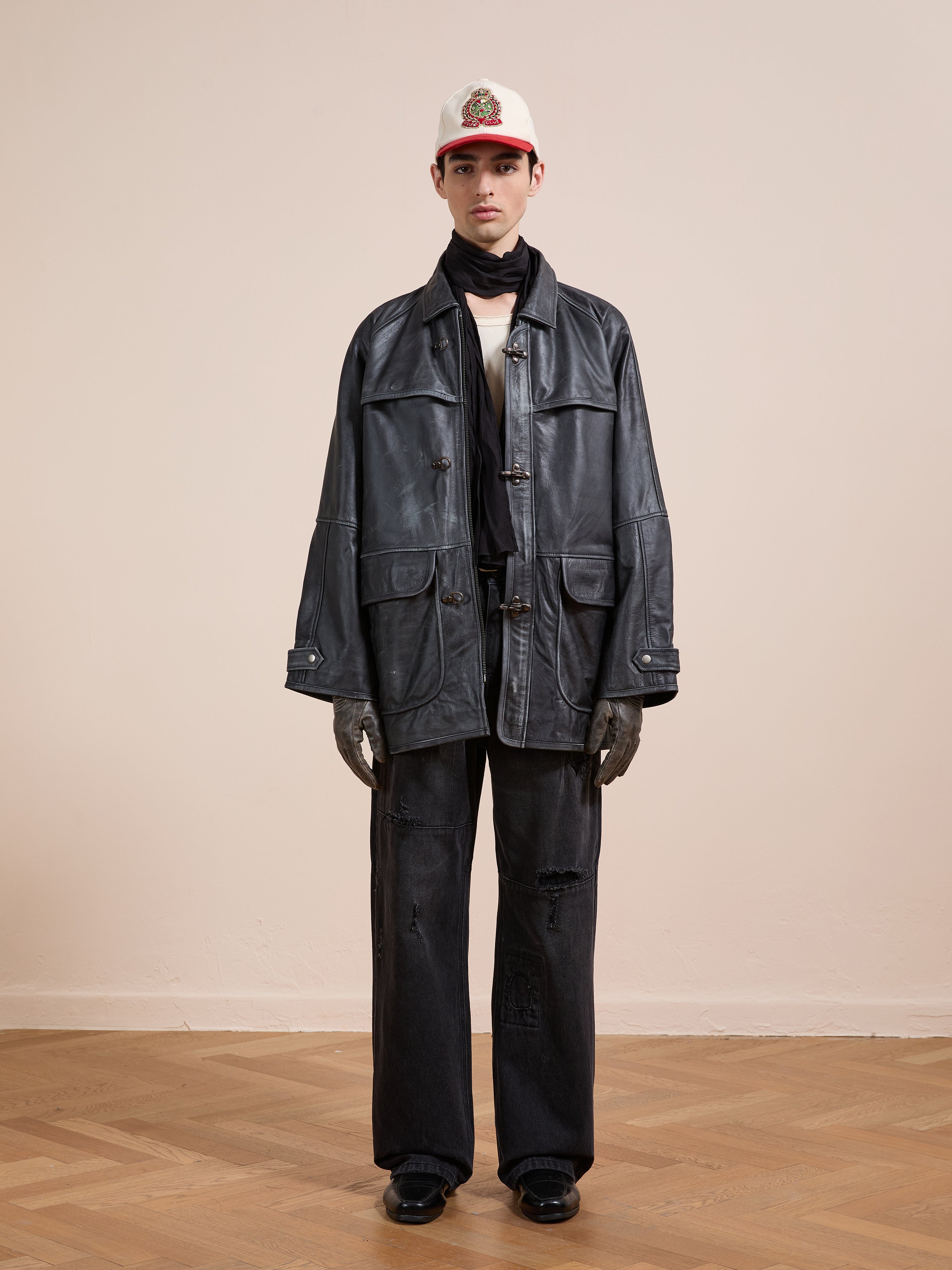 Distressed Leather Fireman Clasp Jacket