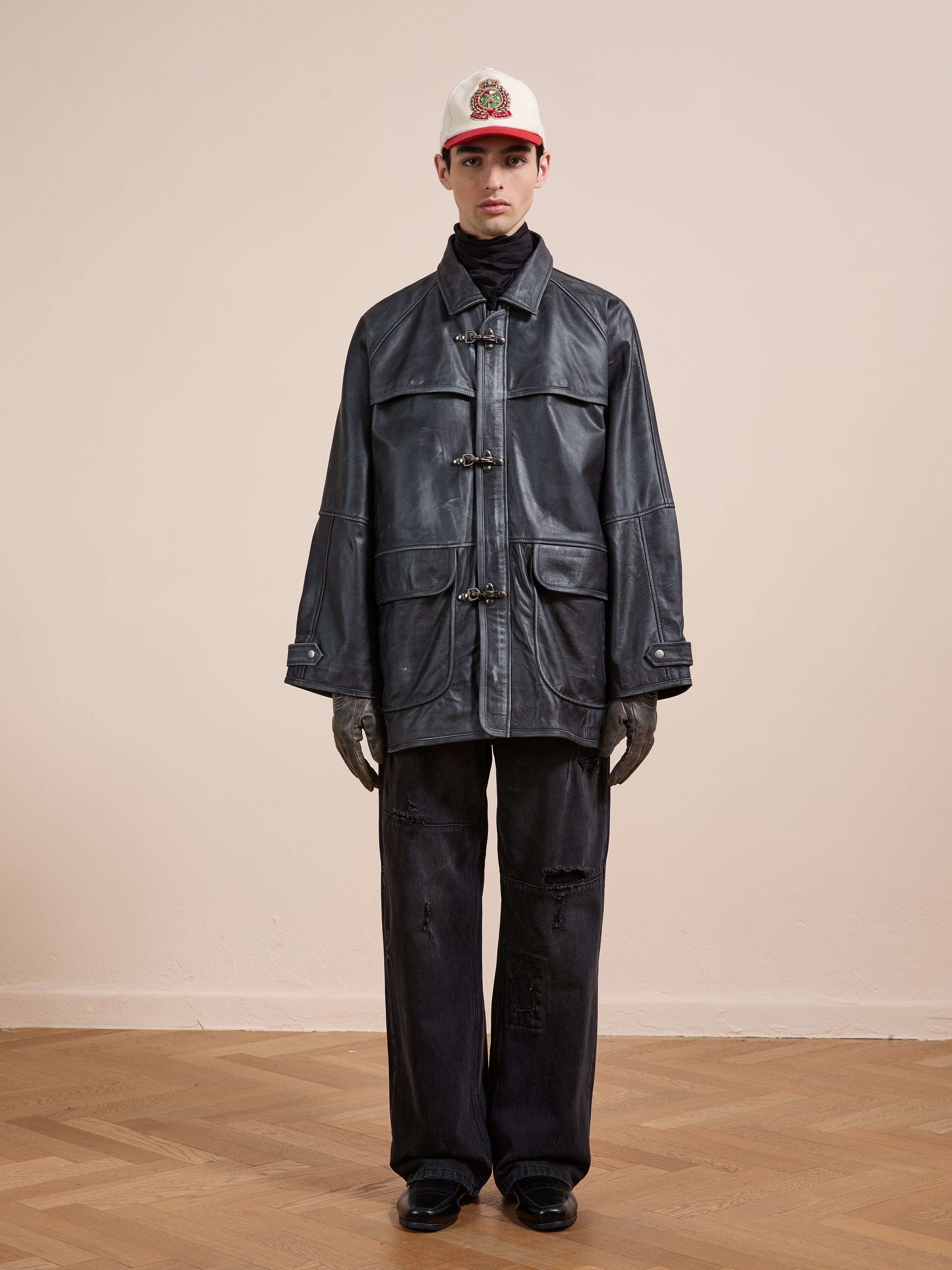 Distressed Leather Fireman Clasp Jacket