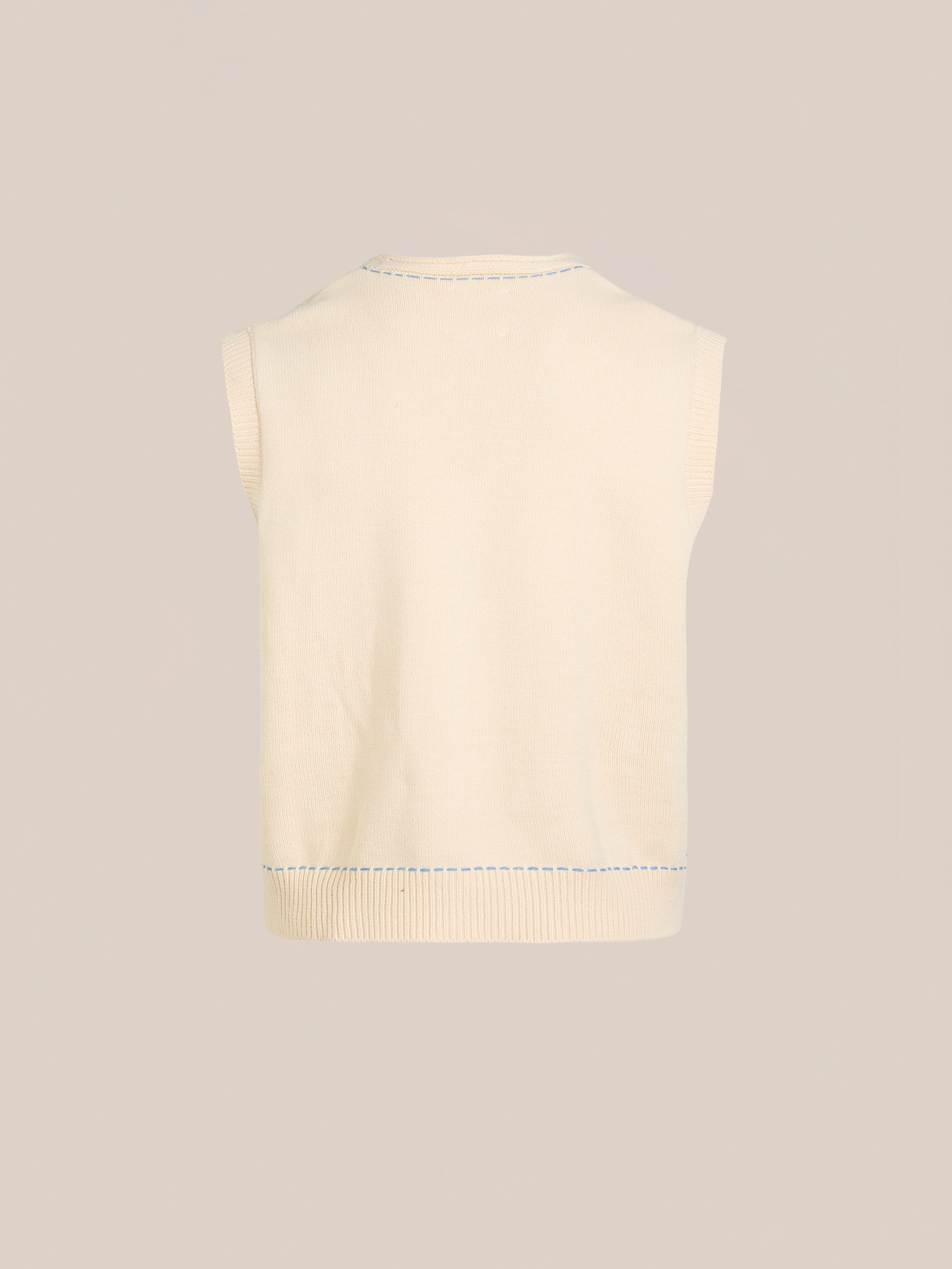 The Floral Embroidered Knit Vest by FOUND, showcased from the back on a simple backdrop, features visible stitching along the neckline and armholes. This vintage-inspired, unisex beige piece adds classic style to any wardrobe.