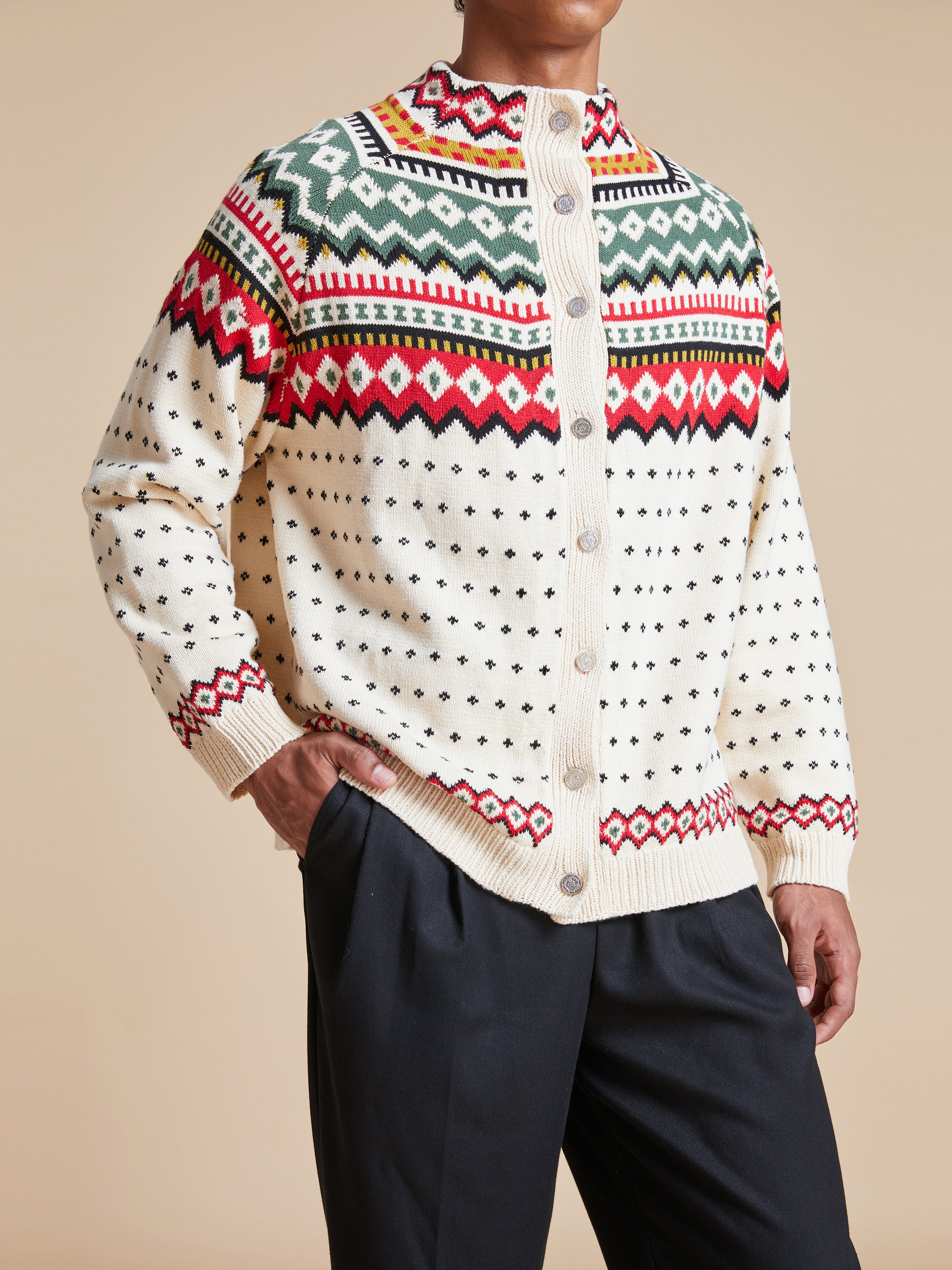 A Harwan Isles sweater from Found with a colorful pattern available for pre-order.