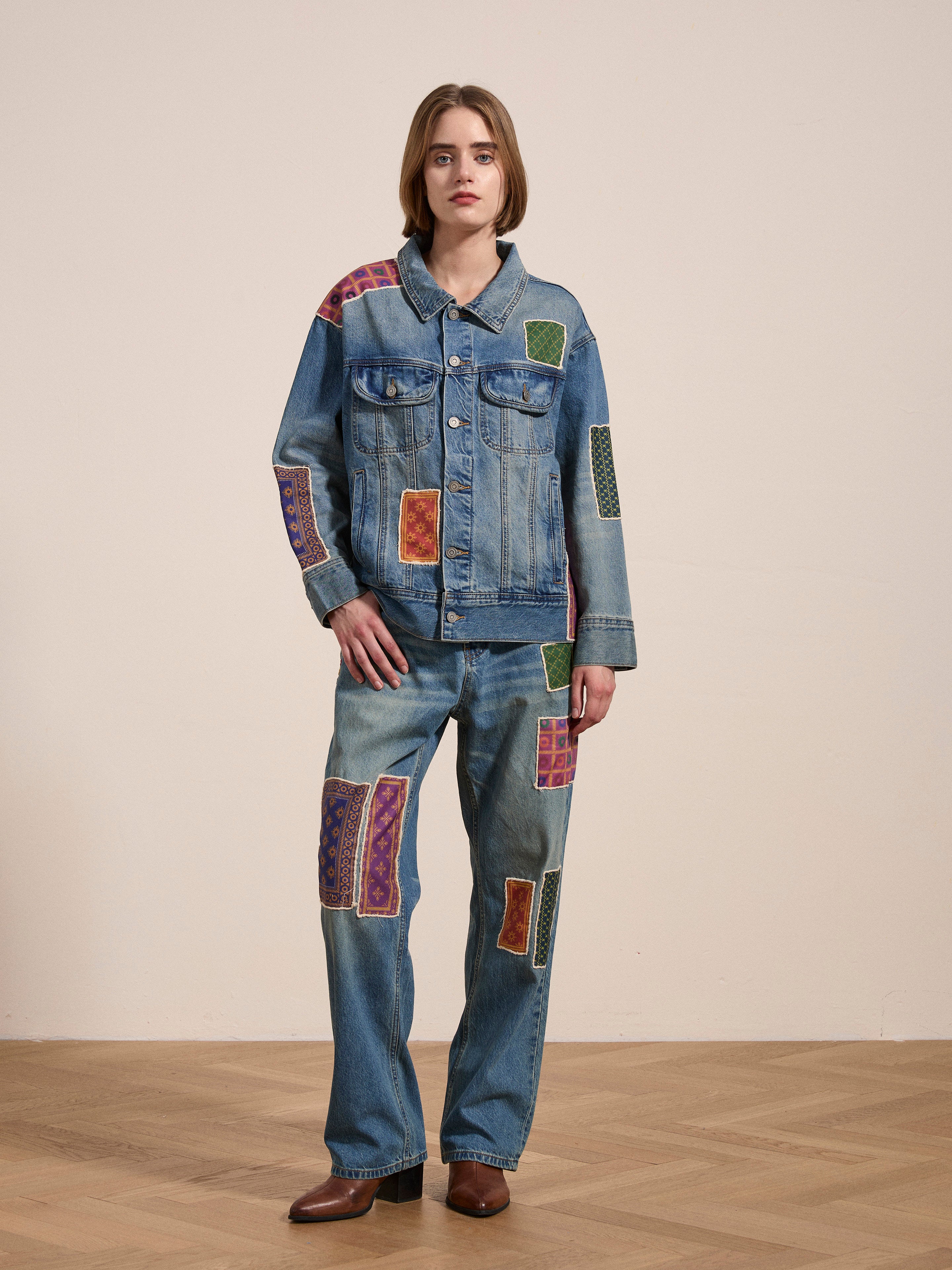 Patchwork denim trucker jacket hotsell