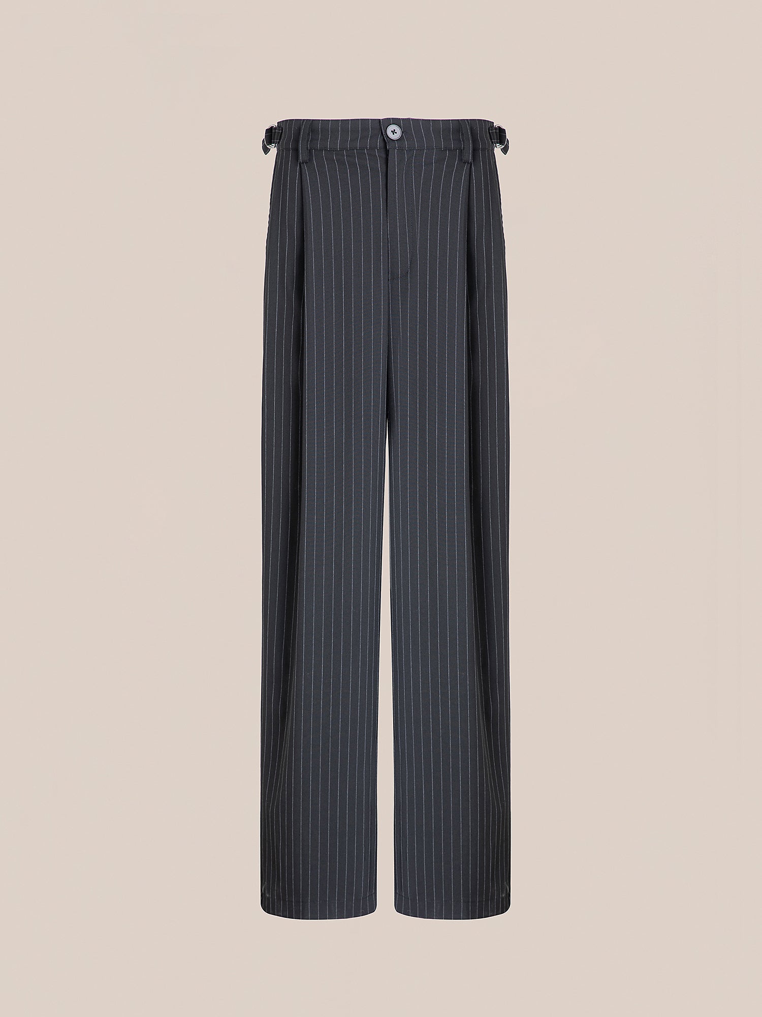 Pinstripe Pleated Trousers by FOUND, featuring a high-rise fit, adjustable waist tab, button closure, and wide legs, showcased against a plain background.