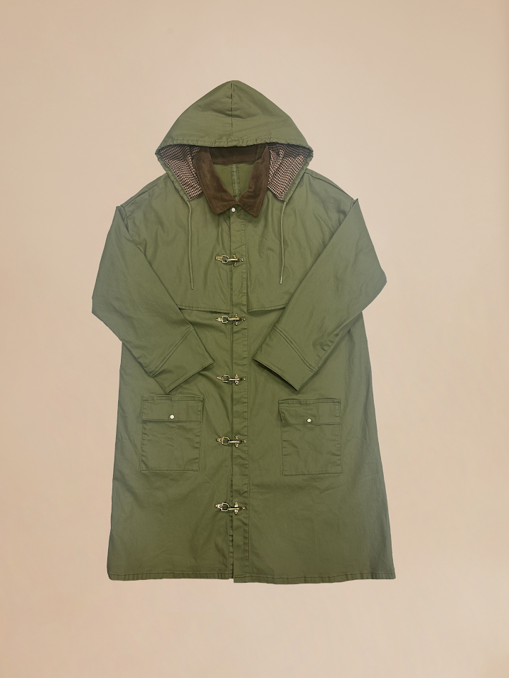 A profound Sample 75 (Green Buckle Coat) with a hood.