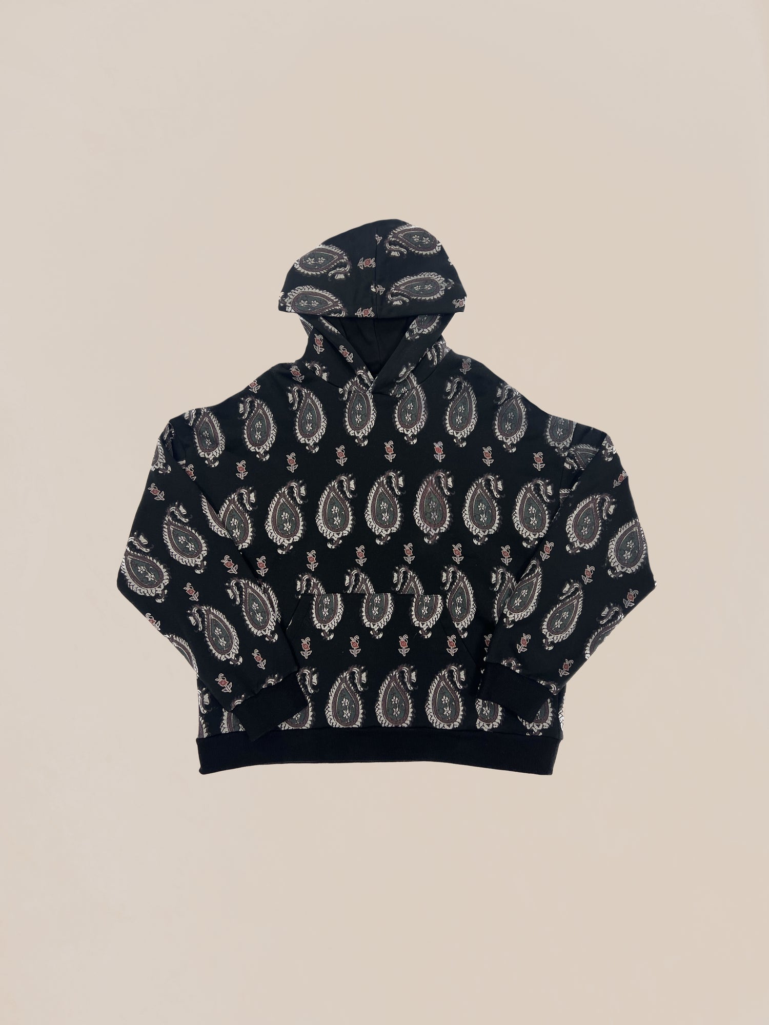Black Sample 12 (Paisley Monogram Hoodie) with paisley pattern on a neutral background by Profound.