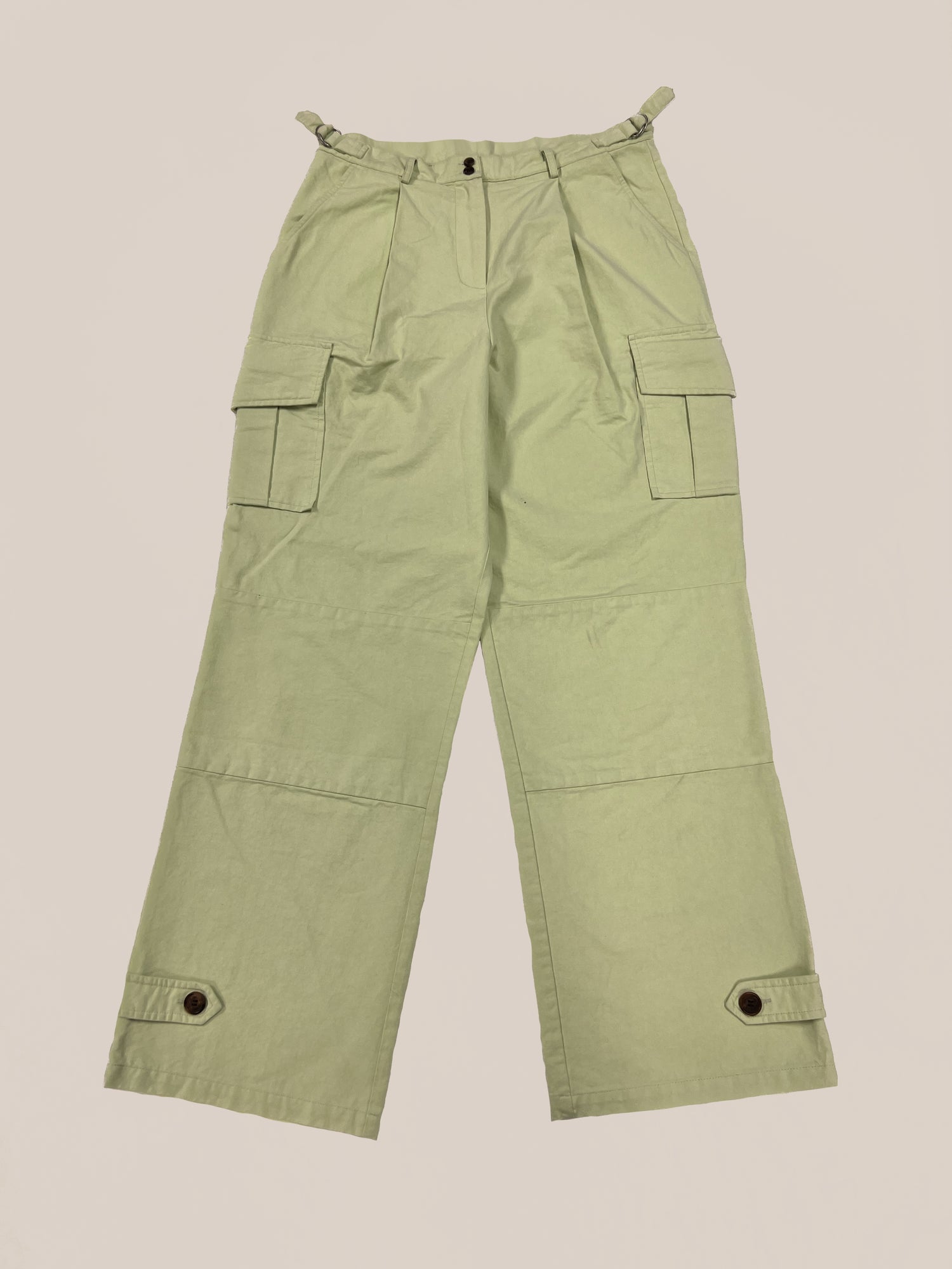 Olive green Profound Sample 55 cargo pleated pants with pockets isolated on a white background, size 32 waist.