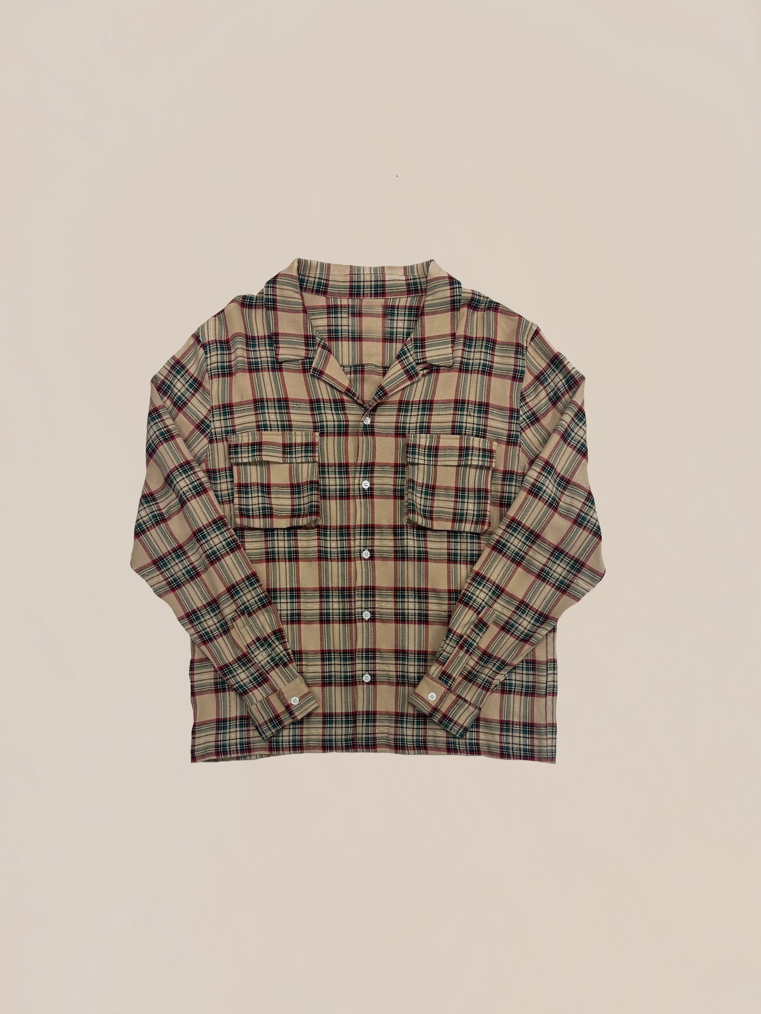 Sample 71 (Beige Multi Flannel Button Down) shirt by Profound laid out flat on a light background.