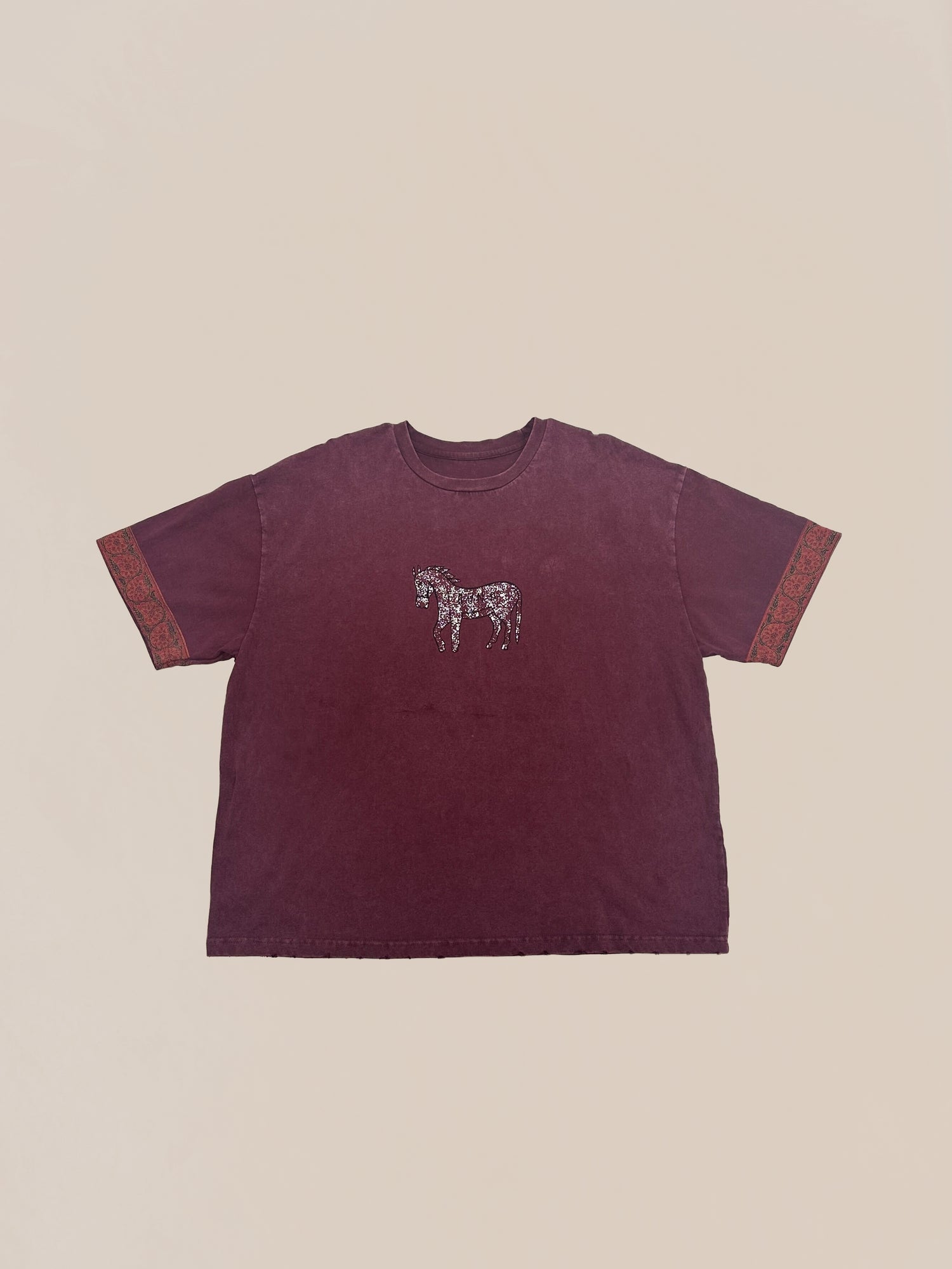 Burgundy 100% Cotton Sample 77 t-shirt with horse embellishment on chest and patterned sleeve detail by Profound.