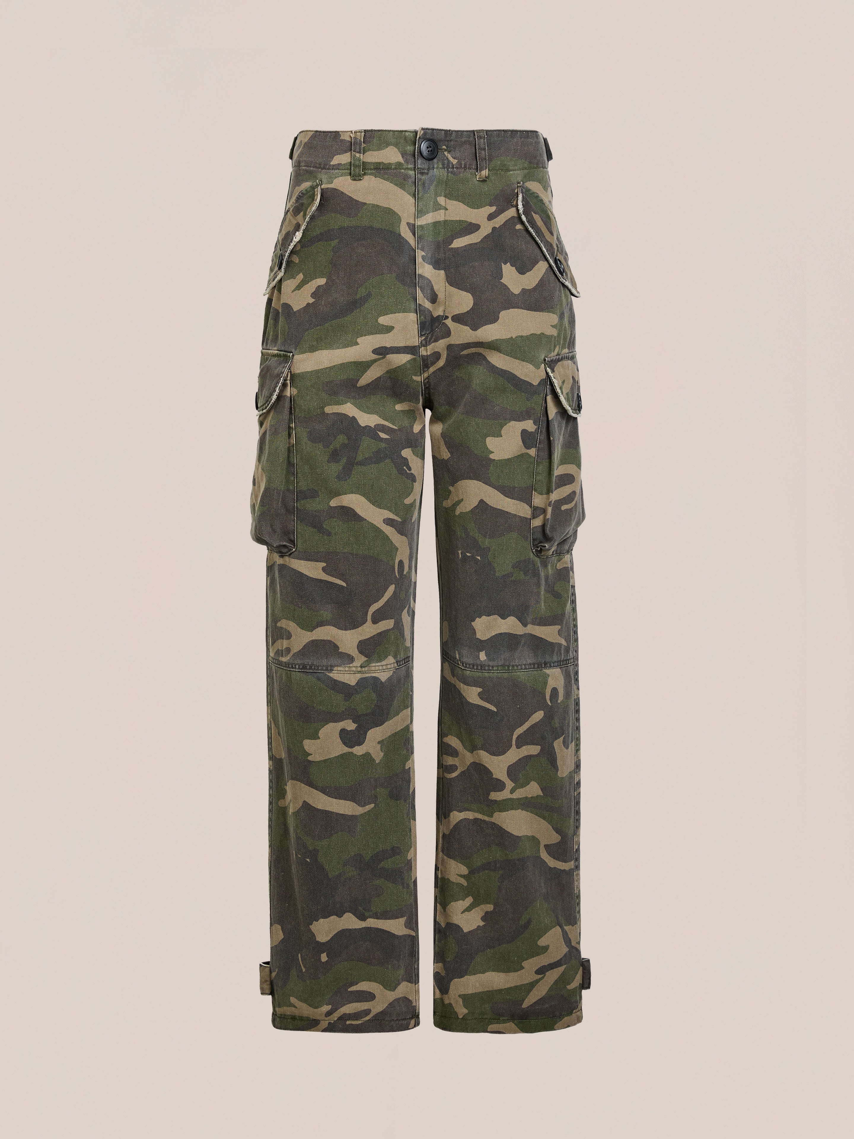 FOUND's Camouflage Twill Utility Cargo Pants, offering a vintage look with sturdy twill and multiple pockets, are set against a plain background.