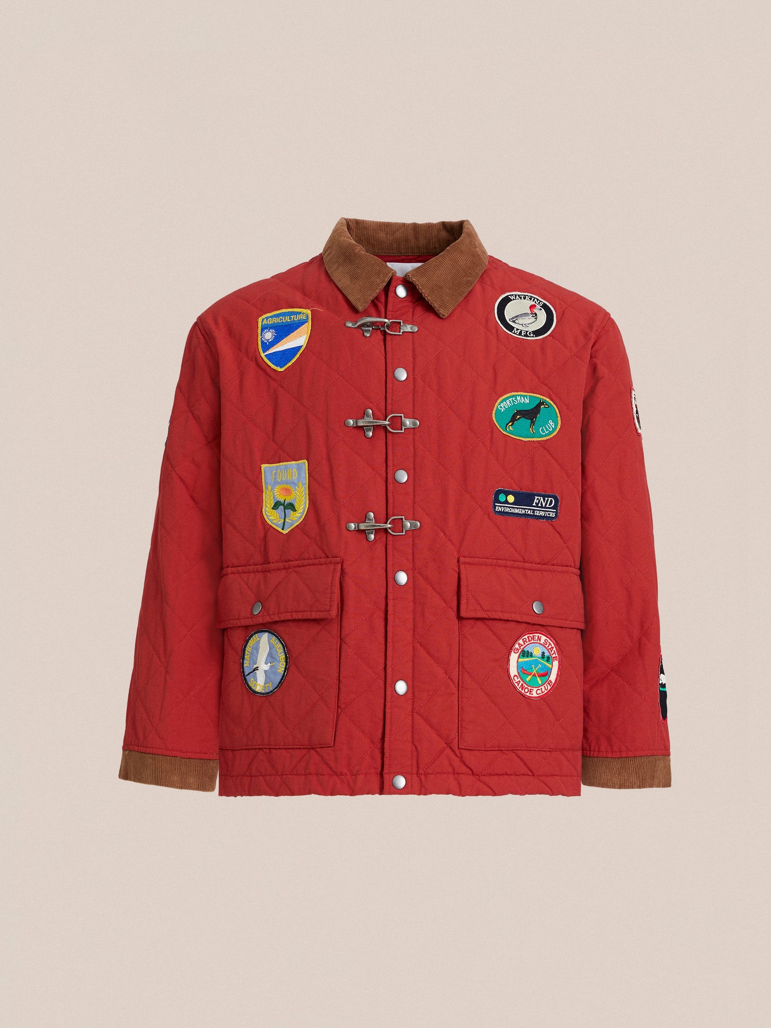 Red quilted Found Farmstead Quilt Patch Jacket with corduroy collar and multiple colorful patches, displayed against a neutral background.