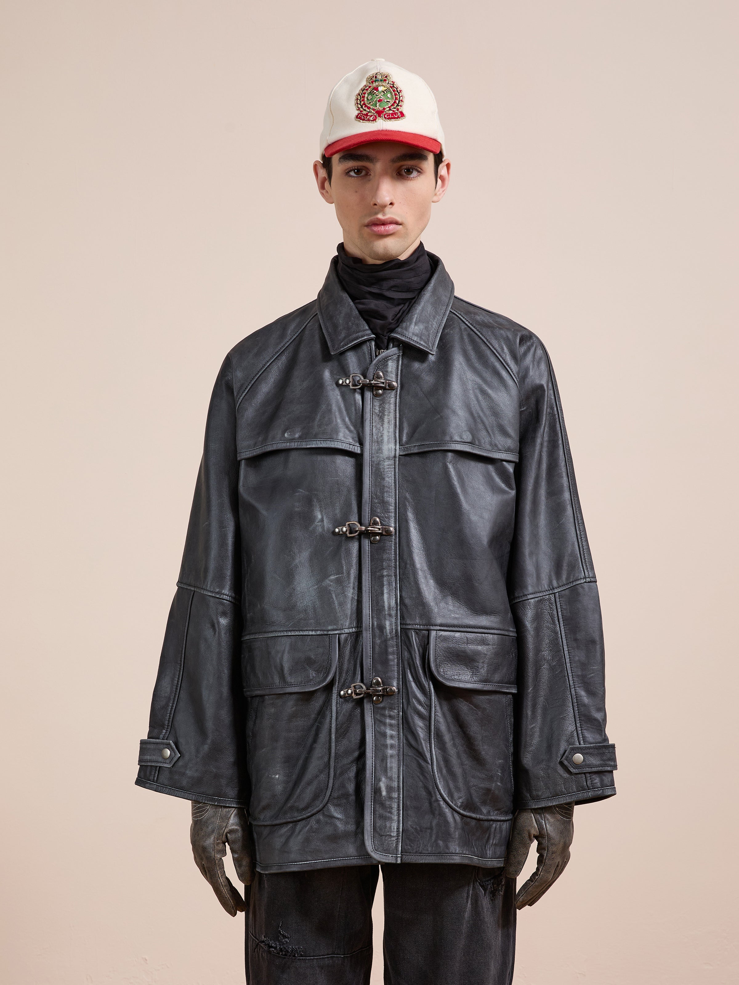 ジャケット・アウター leather hoodie jacket fireman Distressed Leather Fireman Clasp Jacket