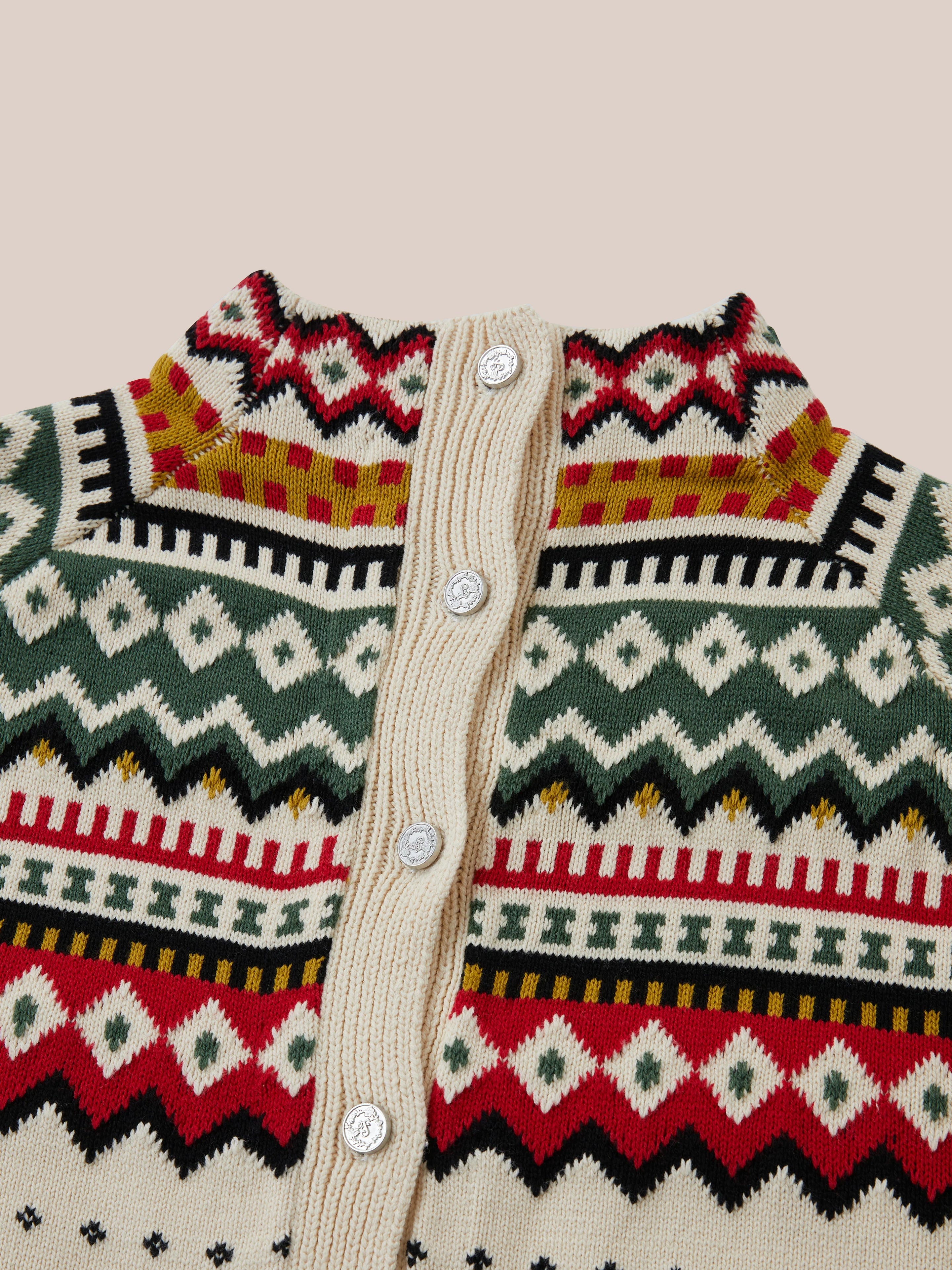 Close-up of the Found Harwan Isles Sweater, a patterned knit garment featuring a multicolored geometric design and front buttons, reminiscent of iconic Scottish Fair Isle styles.