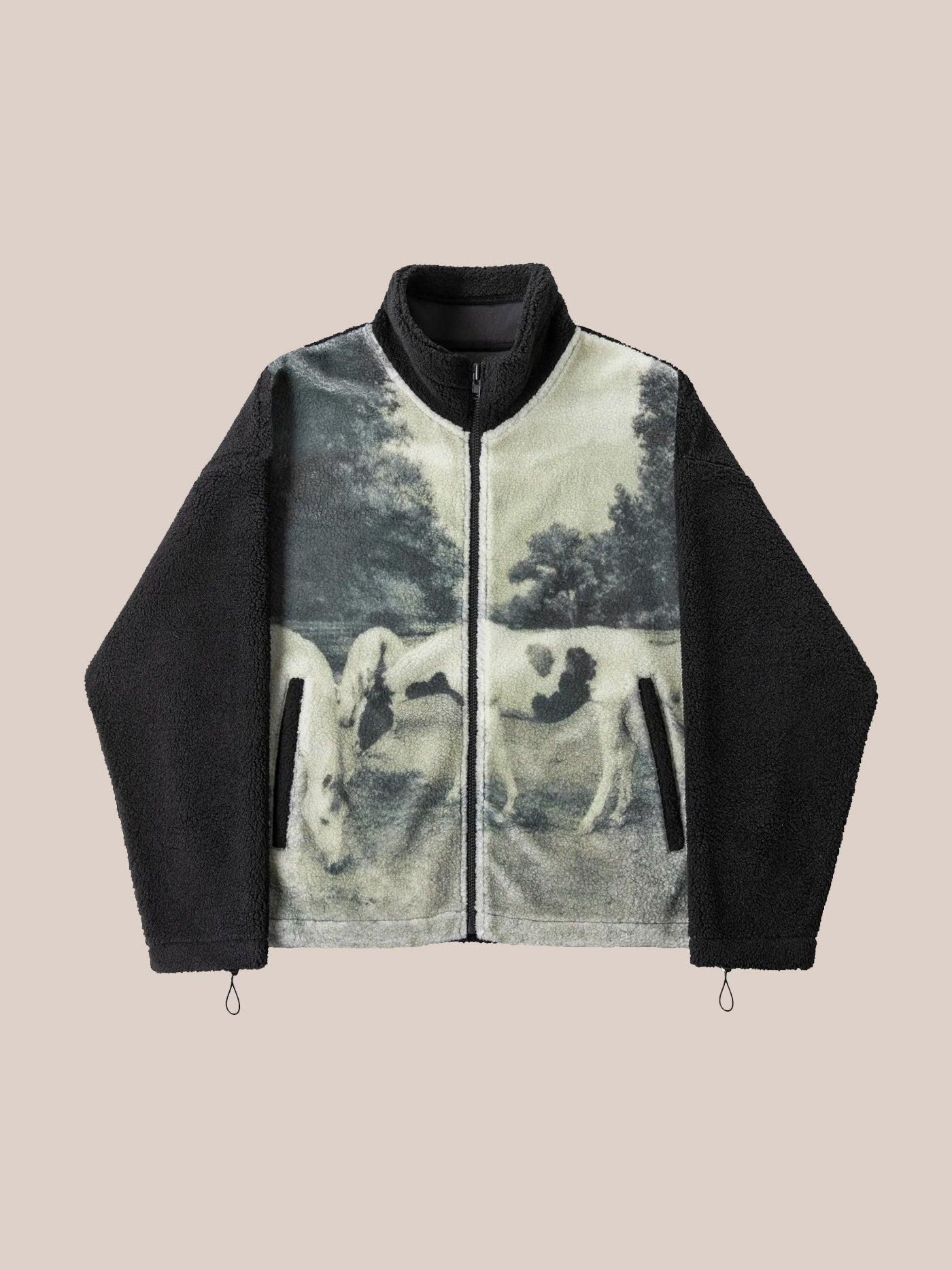 Introducing the Horses Zip-Up Sherpa Jacket from FOUND, featuring a front zipper and a captivating print of two horses grazing in a serene pastoral setting on the front. The sleeves and sides are elegantly designed in black.