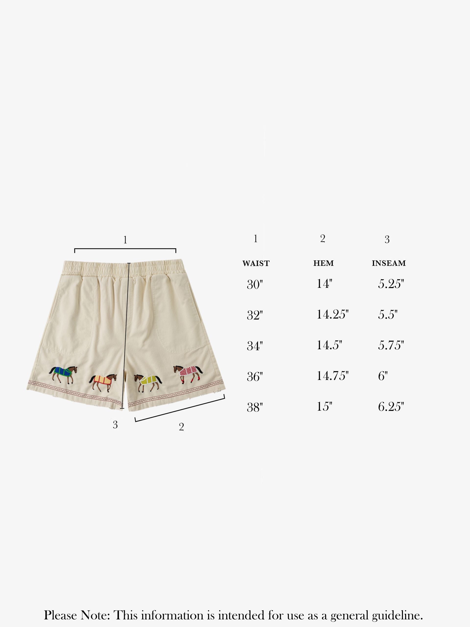 Embroidered Horse Shorts by Profound, crafted from beige cotton twill and adorned with colorful horse embroidery on the left leg. Refer to the size chart on the right for waist, hem, and inseam measurements. A note at the bottom suggests that these measurements are for guidance only.