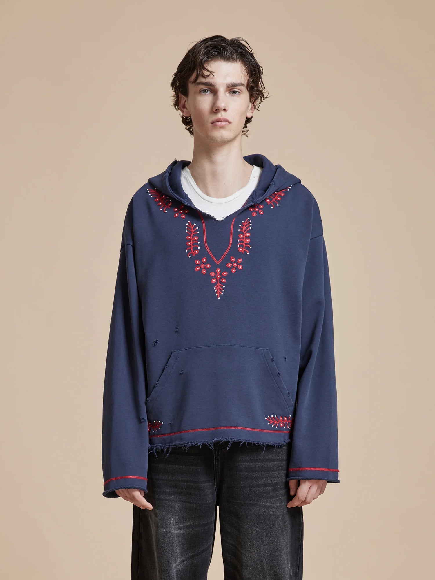 A man wearing a Found Indus Embroidered Hoodie with motifs of Phulkari embroidery in blue and red.