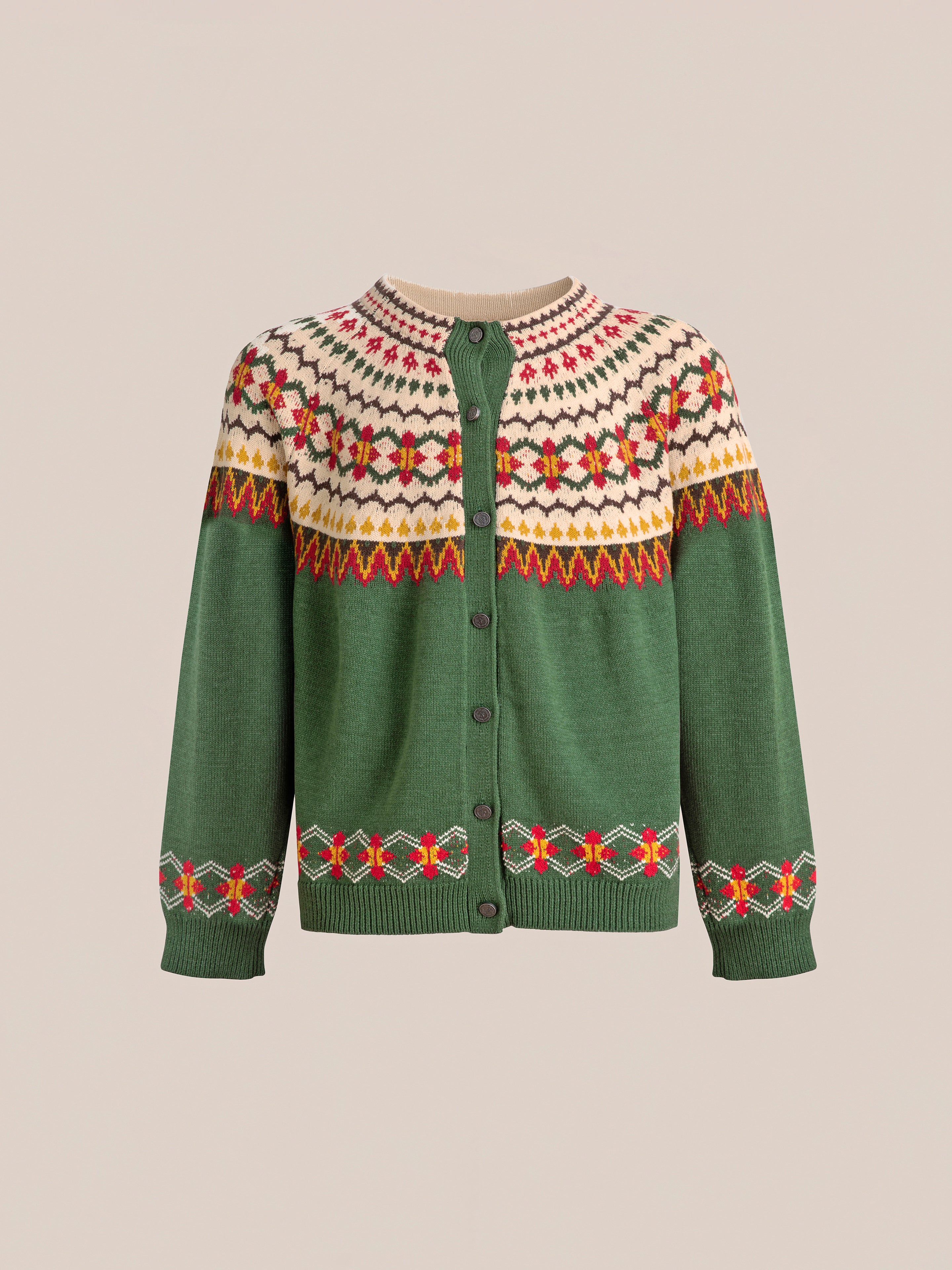 The Jahan Isles Knit Cardigan by FOUND is a green Scottish Fair Isle design featuring colorful patterns at the top and bottom, with antique silver buttons down the front.