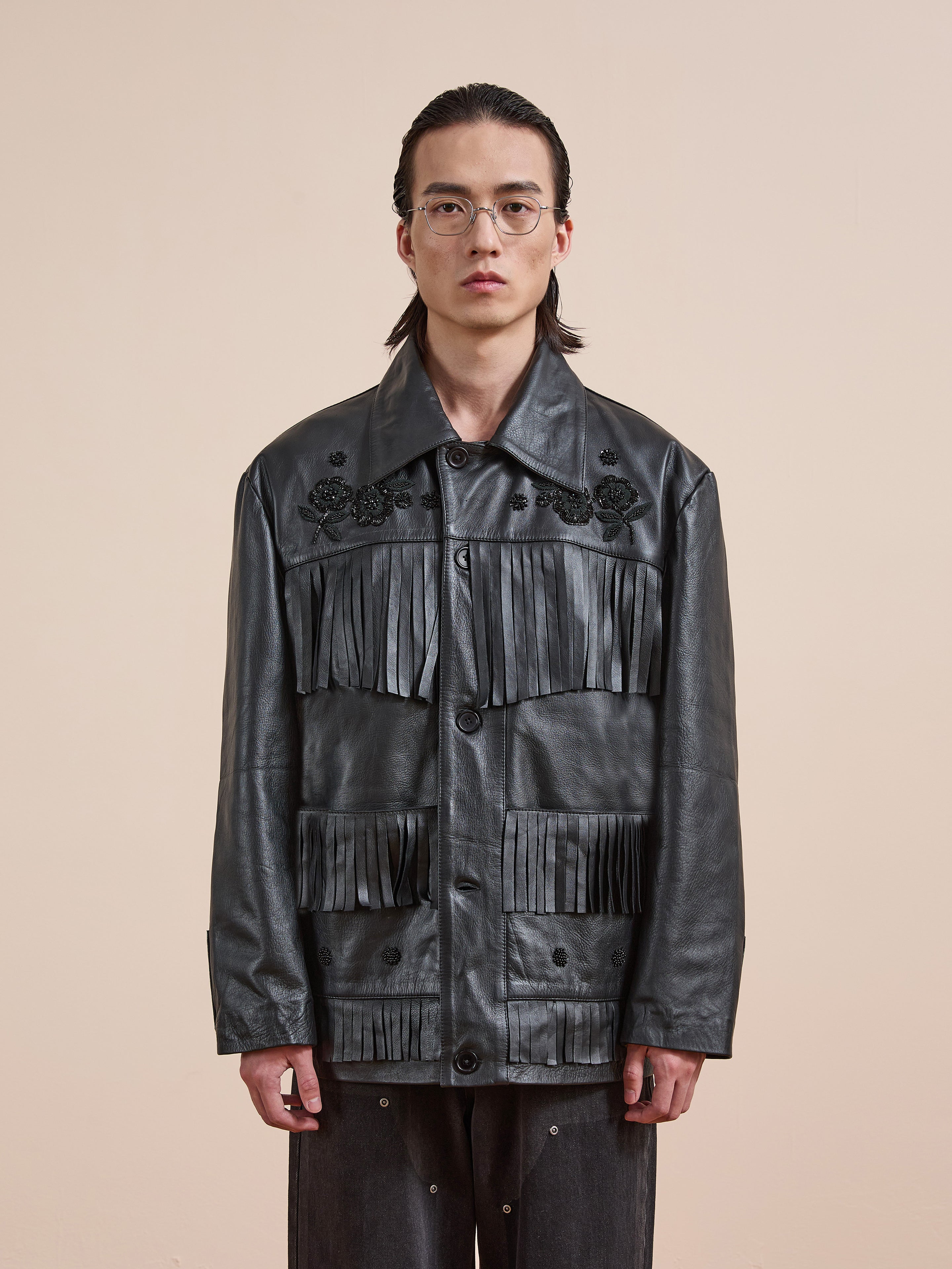 Hand Embroidered Leather Fringe Jacket