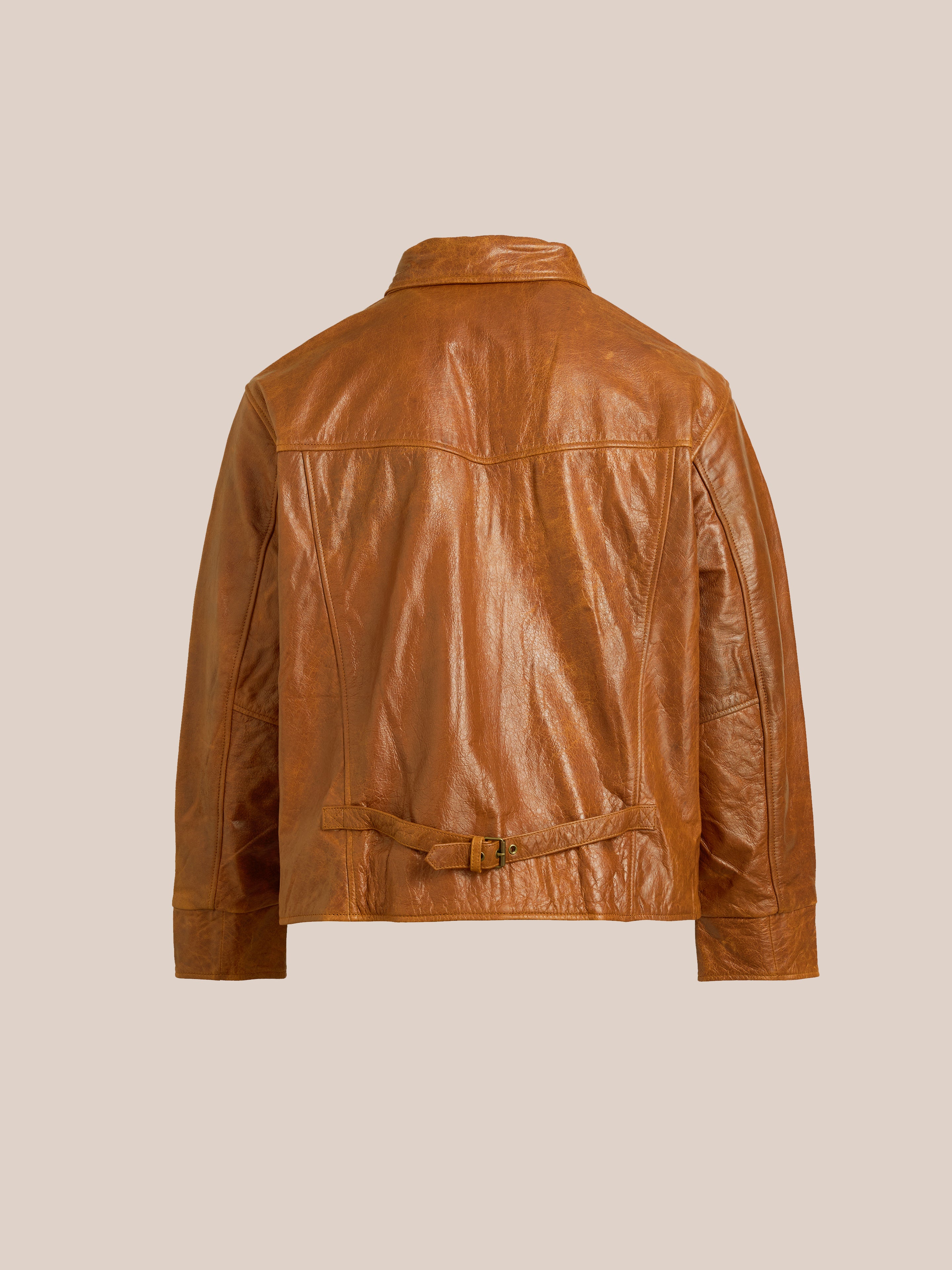 The Marlboro Sun Faded Leather Racer Jacket by FOUND features a distressed finish, collar, and adjustable waist belt crafted from ethically sourced leather, showcased from the back.