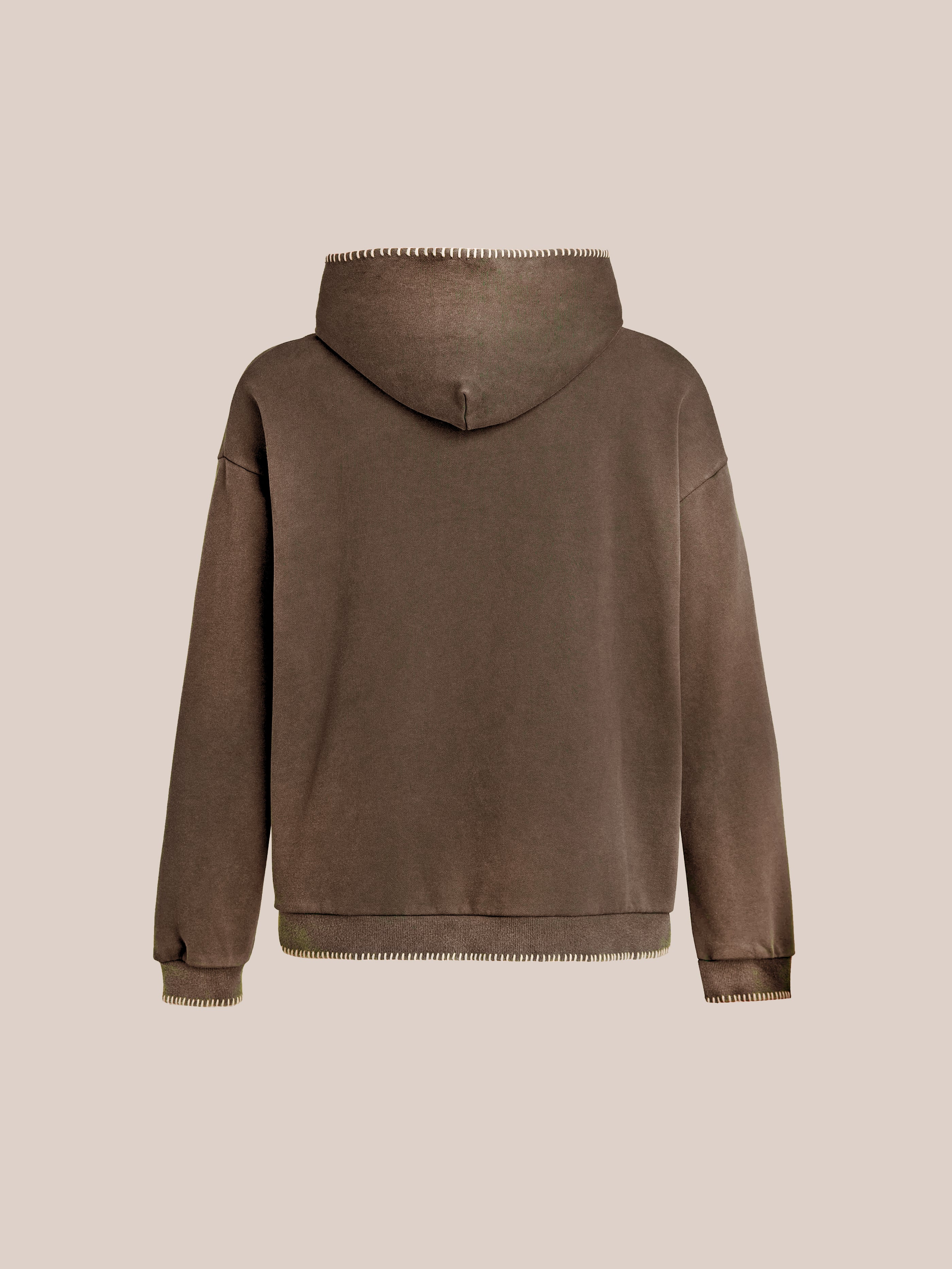 The Stitched Border Distressed Logo Hoodie by FOUND, made from French terry cotton, is shown from the back against a beige background, providing a subtle vintage vibe.