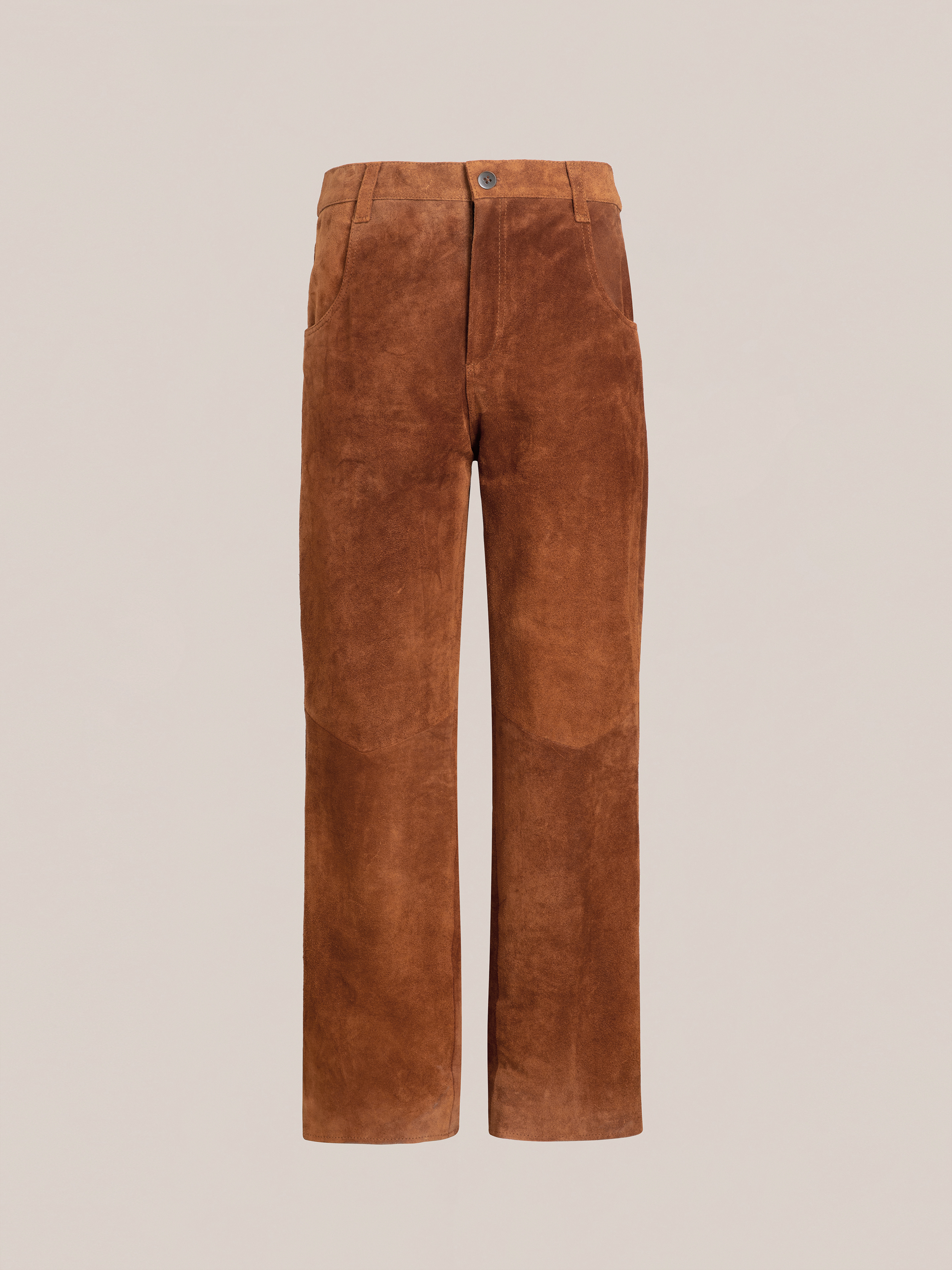 FOUND's Suede Moto Pants, crafted from ethically sourced materials, stand elegantly against a neutral background.