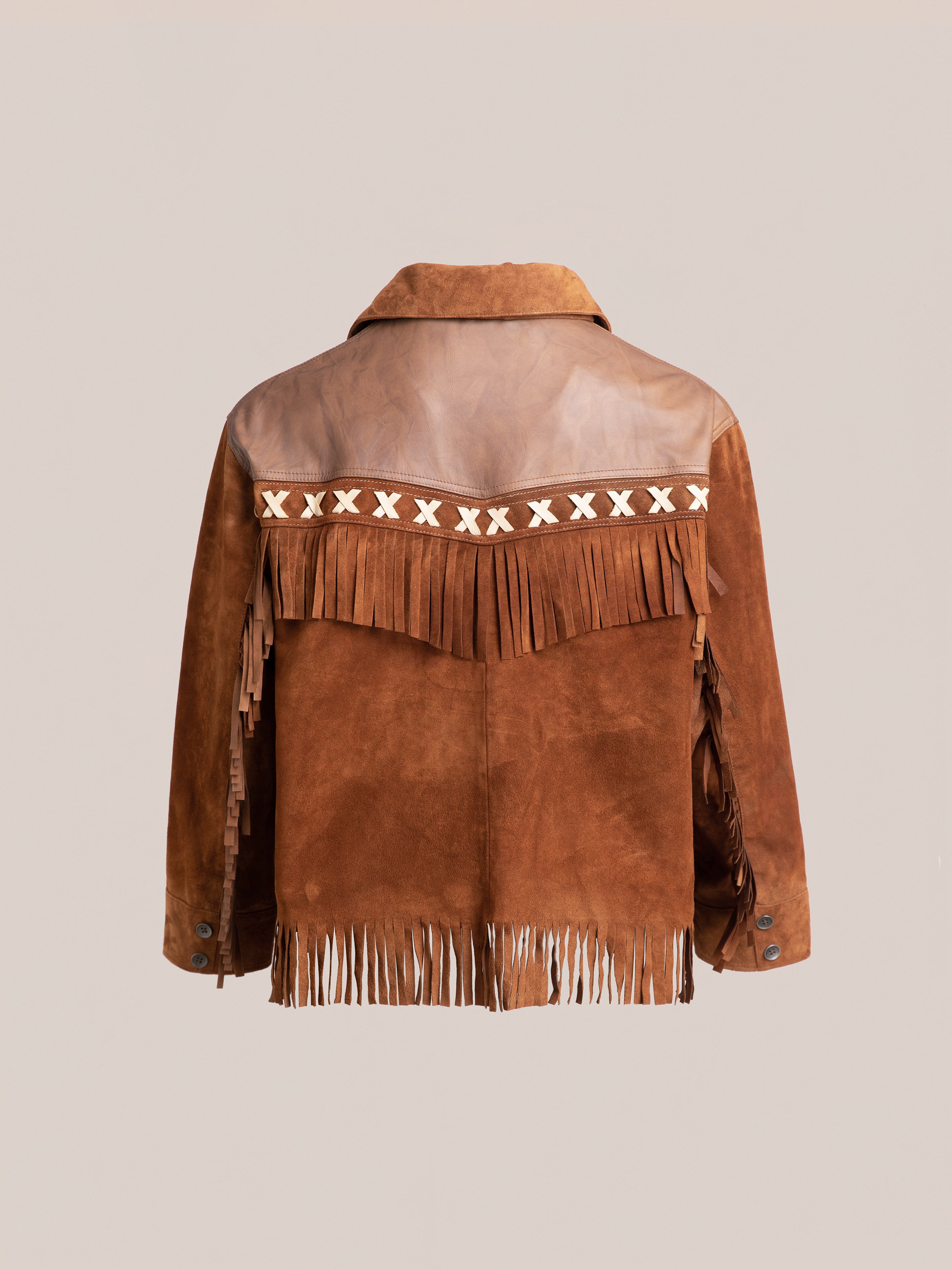 Back view of the FOUND Western Fringe Suede Jacket, crafted from two-tone suede and leather. It features fringe detailing at the yoke and hem, along with an embroidered pattern across the back.