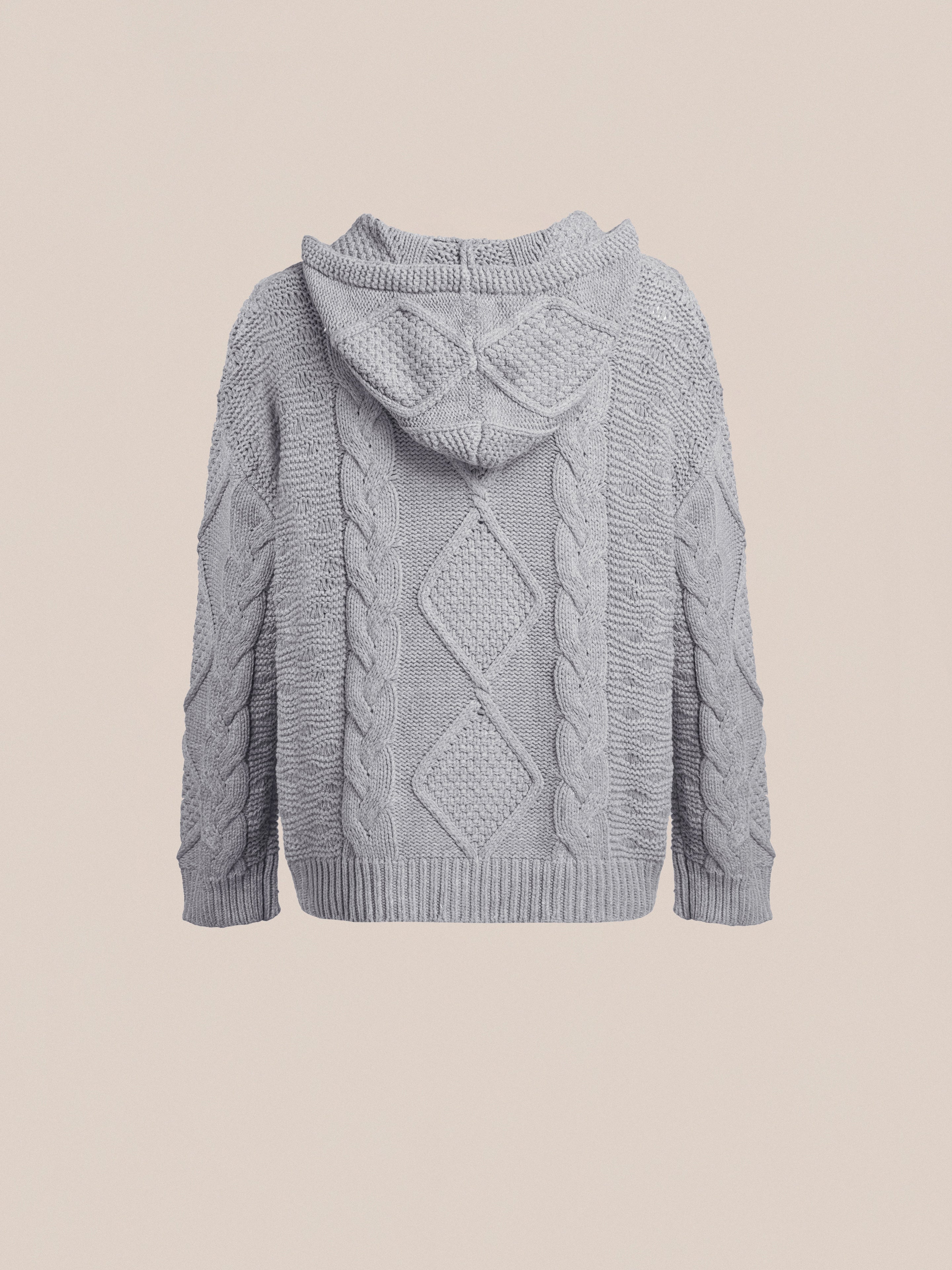 A gray Zip Up Brushed Cable Knit Hoodie from Found with a diamond and cable pattern on the back against a neutral background, offering ultimate comfort and warmth.