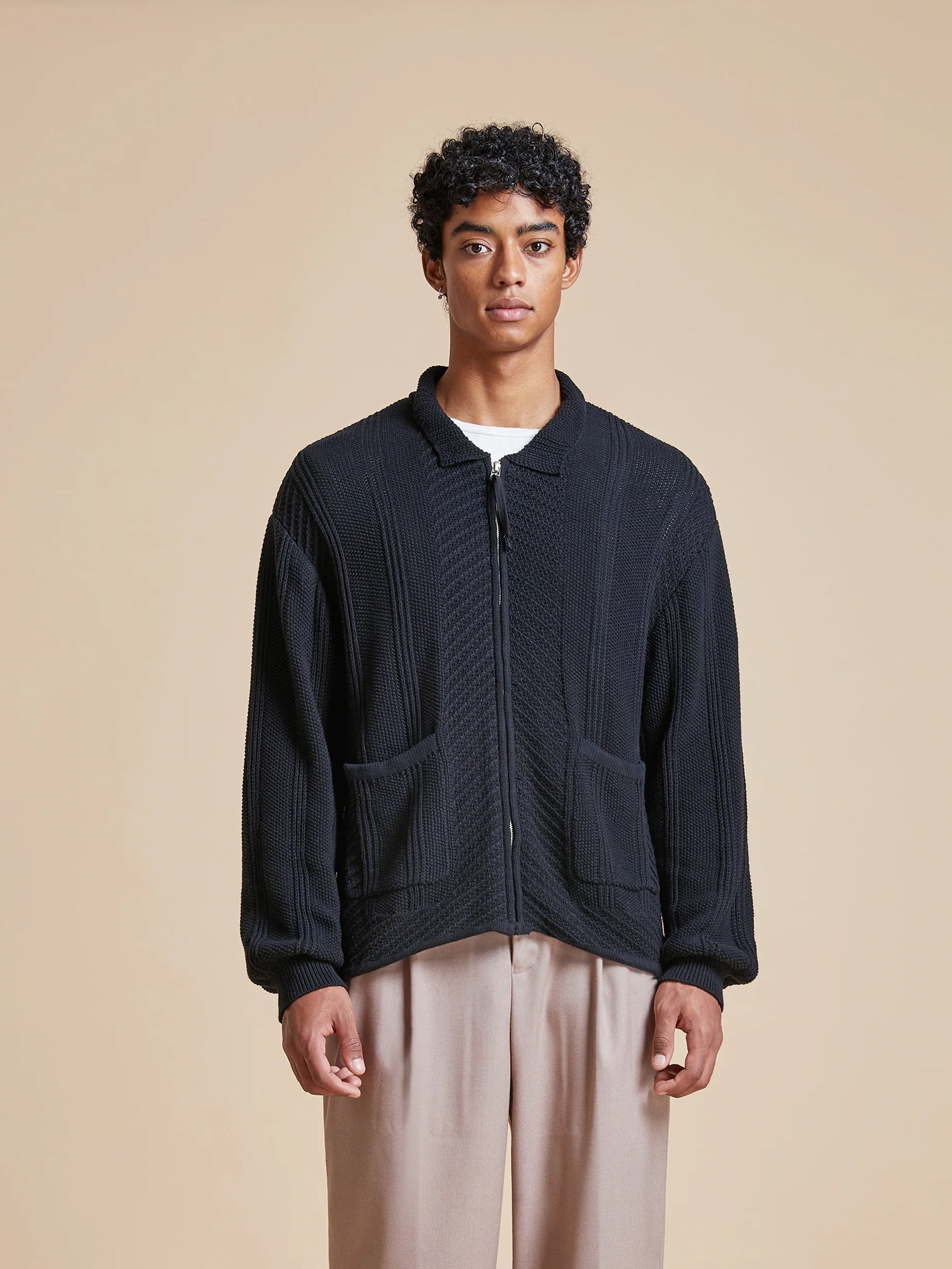 Zip Up Panel Knit Ribbed Sweater